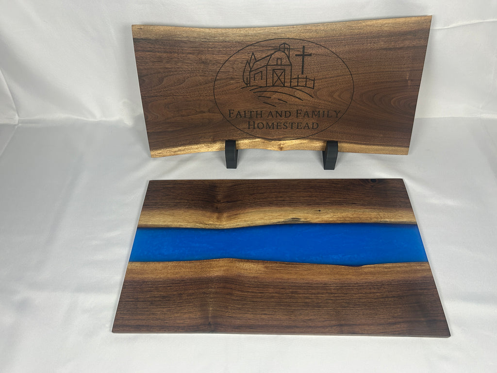 Charcuterie Board, Medium, Walnut, Epoxy Live Edge River, Pearl Blue