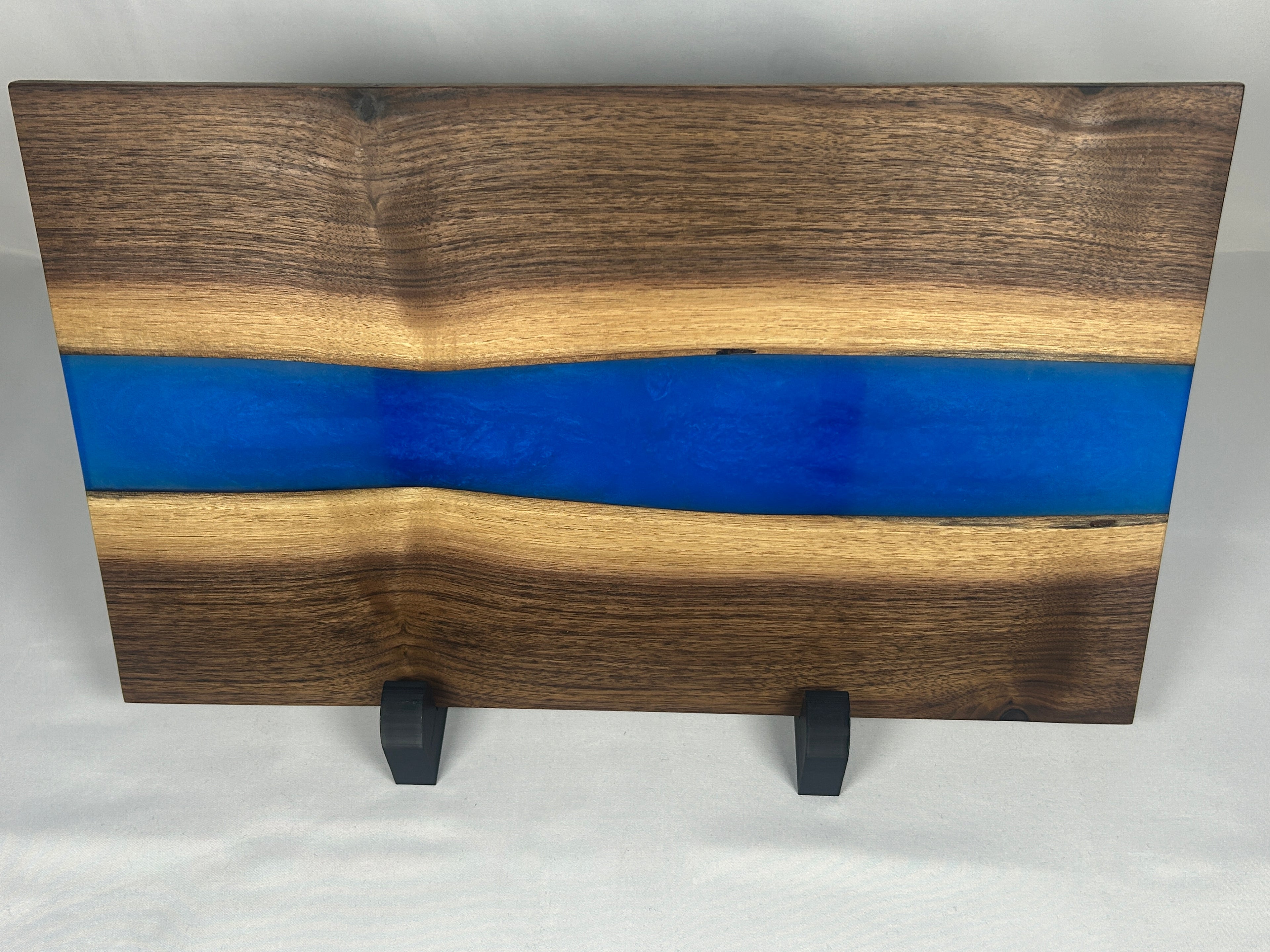 Charcuterie Board, Medium, Walnut, Epoxy Live Edge River, Pearl Blue