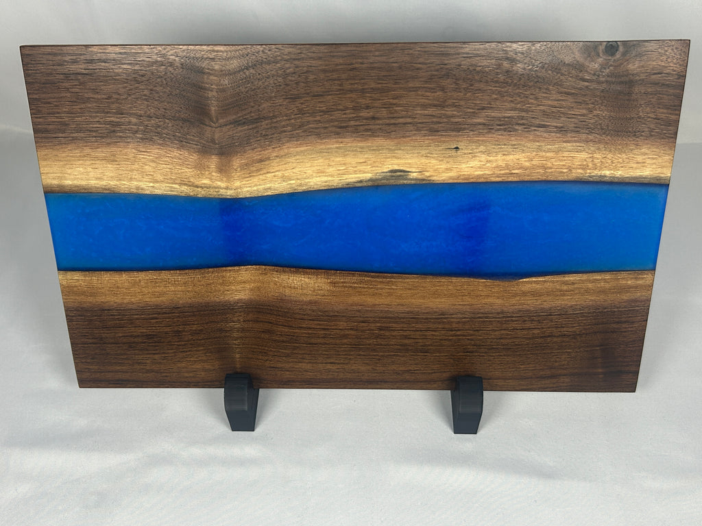 Charcuterie Board, Medium, Walnut, Epoxy Live Edge River, Pearl Blue