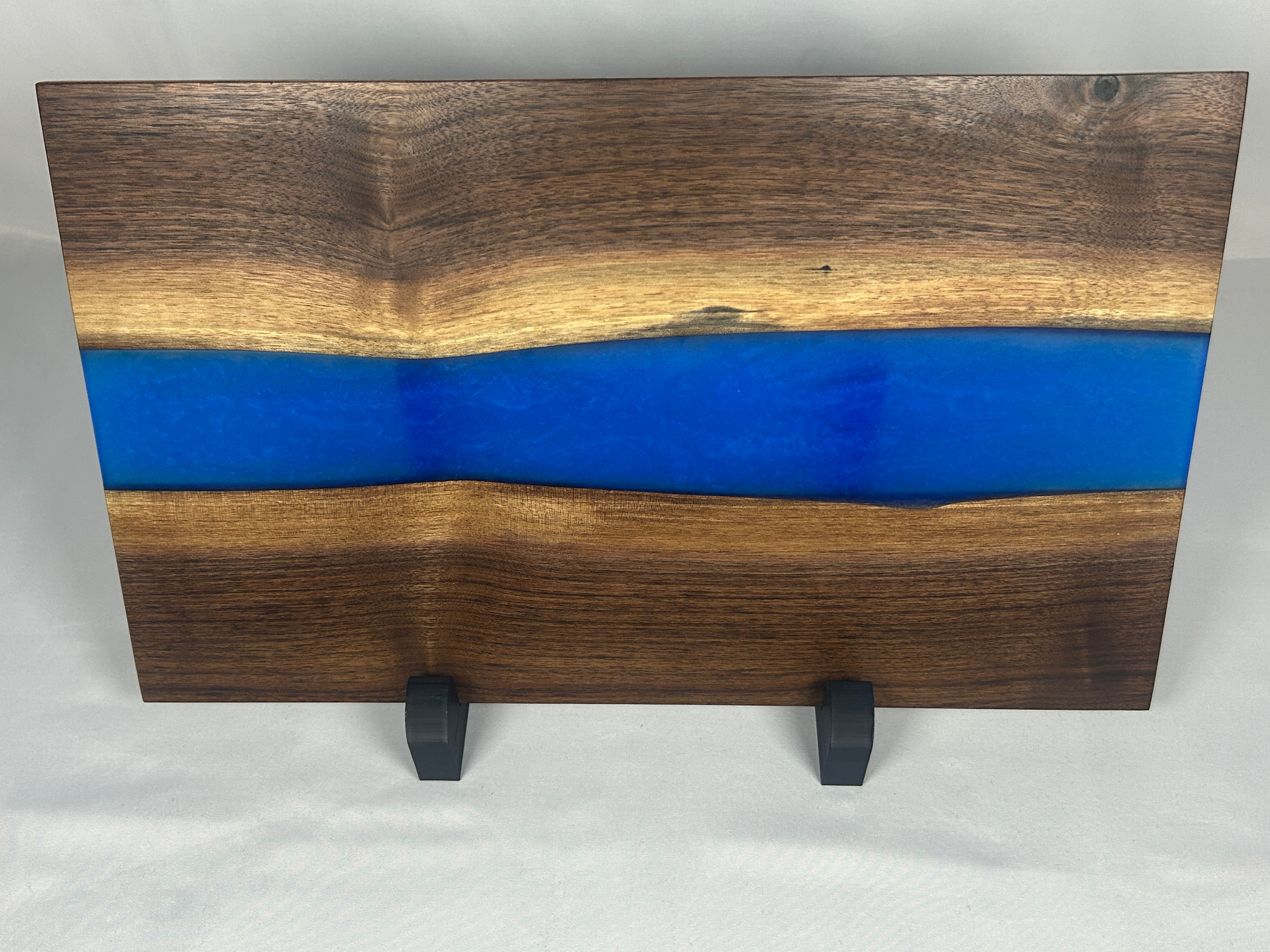 Charcuterie Board, Medium, Walnut, Epoxy Live Edge River, Pearl Blue