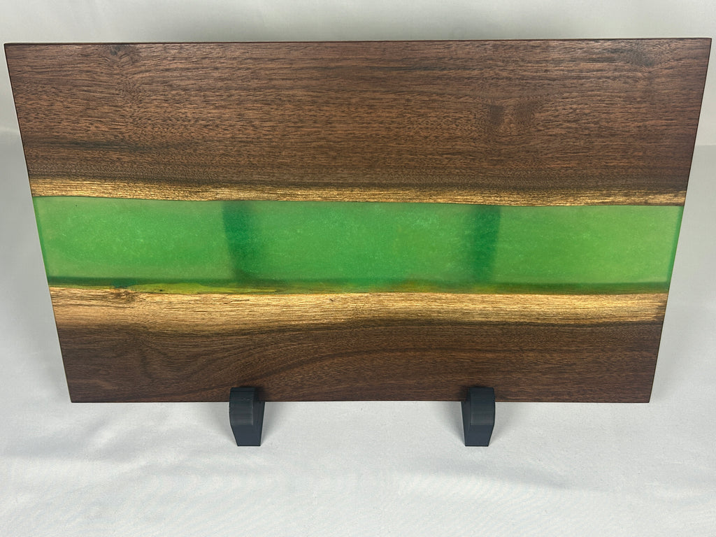 Charcuterie Board, Medium, Walnut, Epoxy Live Edge River, Green Pearl