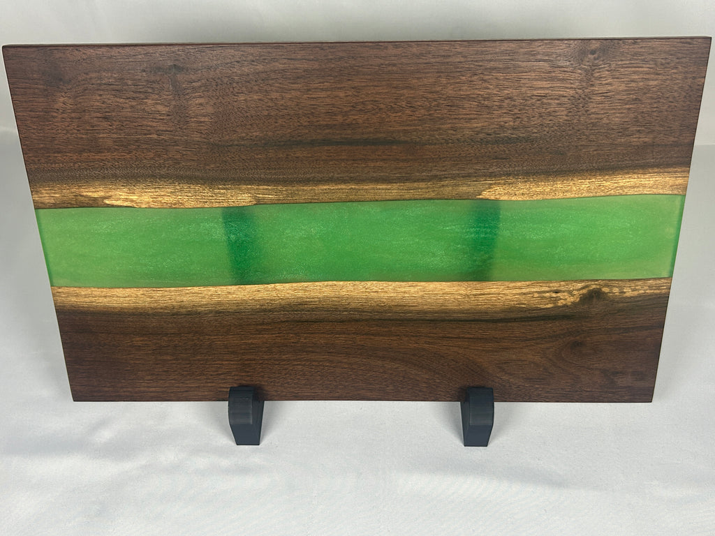 Charcuterie Board, Medium, Walnut, Epoxy Live Edge River, Green Pearl
