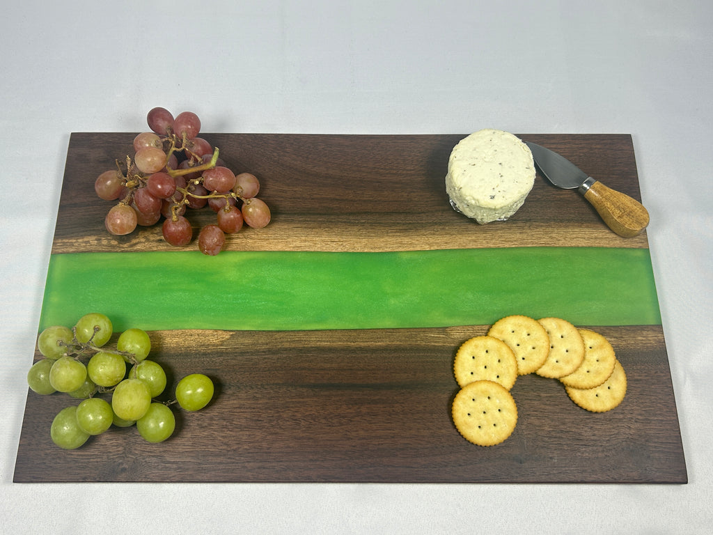 Charcuterie Board, Medium, Walnut, Epoxy Live Edge River, Green Pearl
