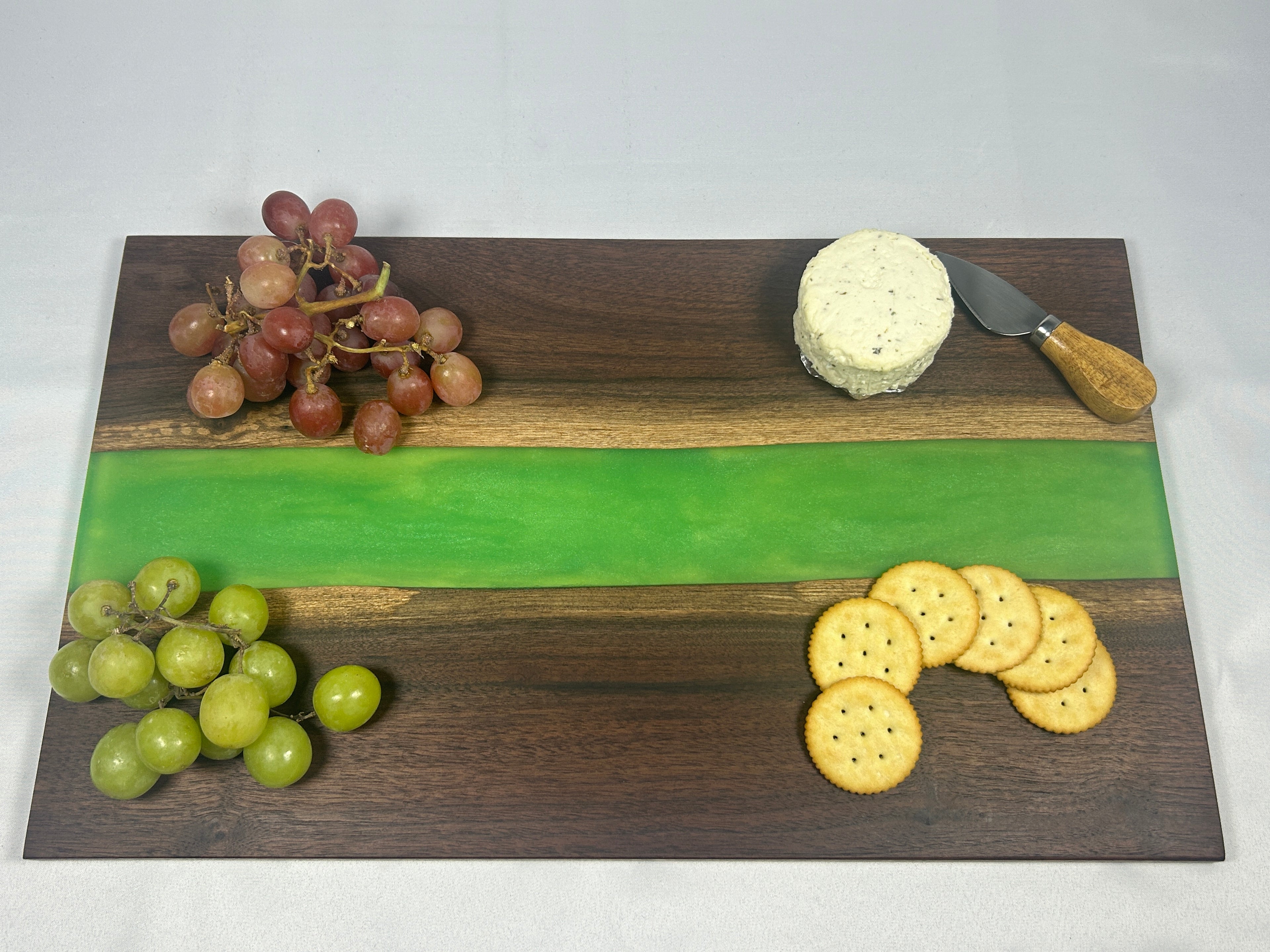 Charcuterie Board, Medium, Walnut, Epoxy Live Edge River, Green Pearl