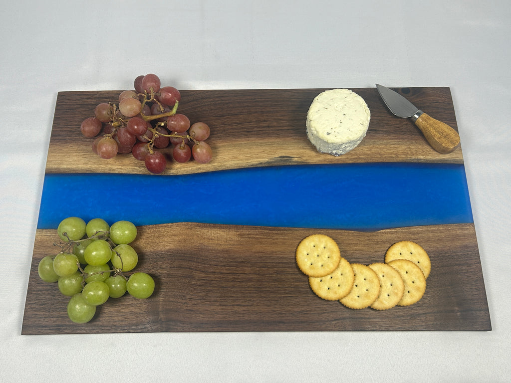 Charcuterie Board, Medium, Walnut, Epoxy Live Edge River, Pearl Blue