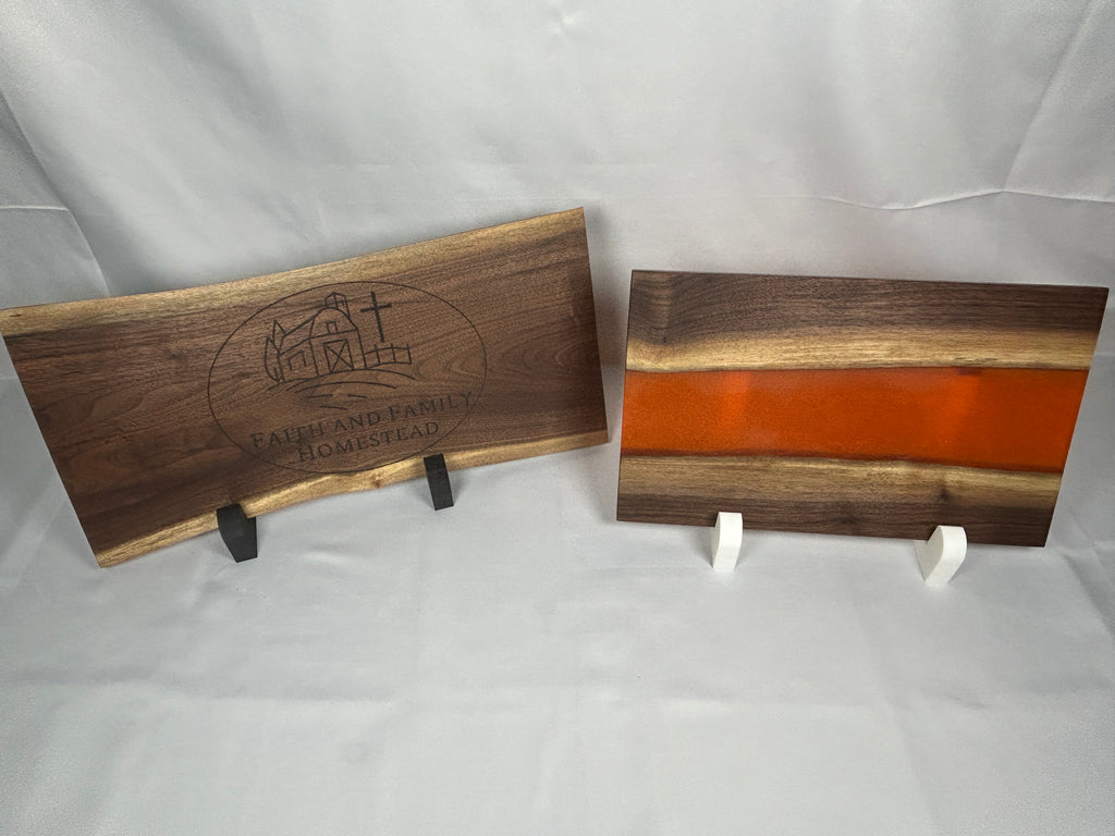 Charcuterie Board, Medium, Walnut, Epoxy Live Edge River, Pearl Orange