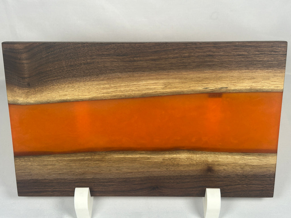 Charcuterie Board, Medium, Walnut, Epoxy Live Edge River, Pearl Orange