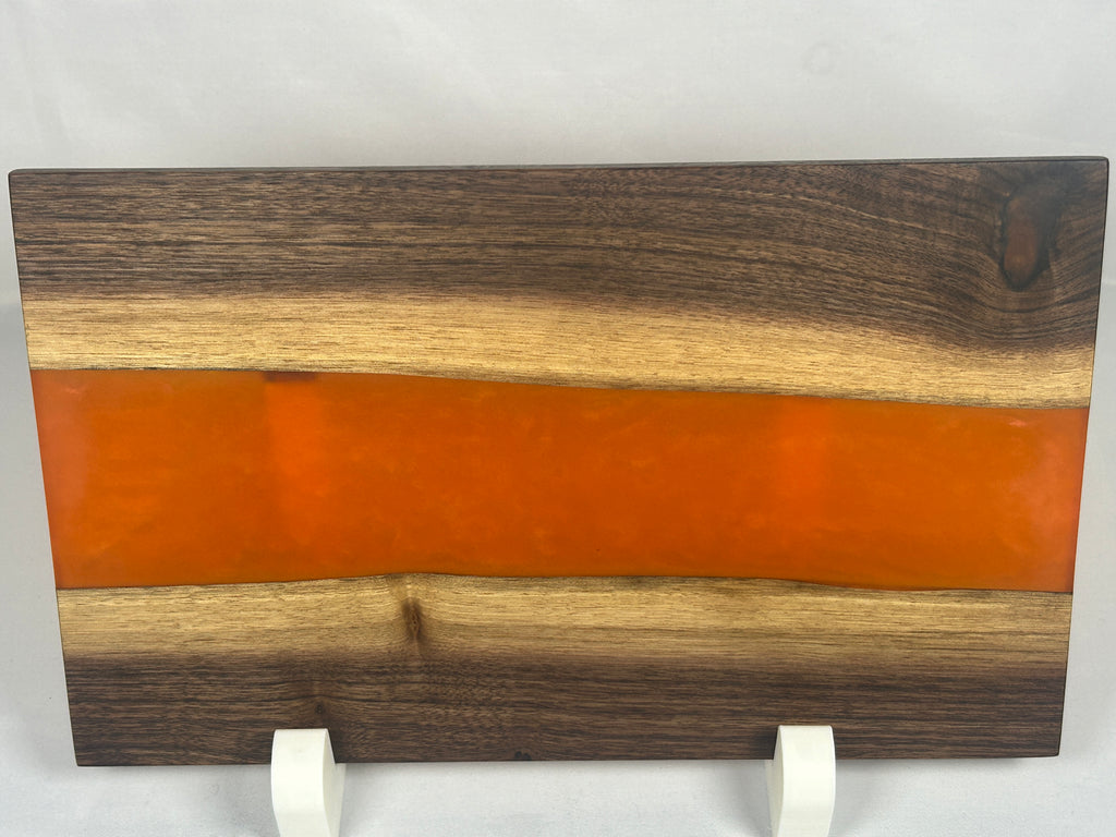 Charcuterie Board, Medium, Walnut, Epoxy Live Edge River, Pearl Orange