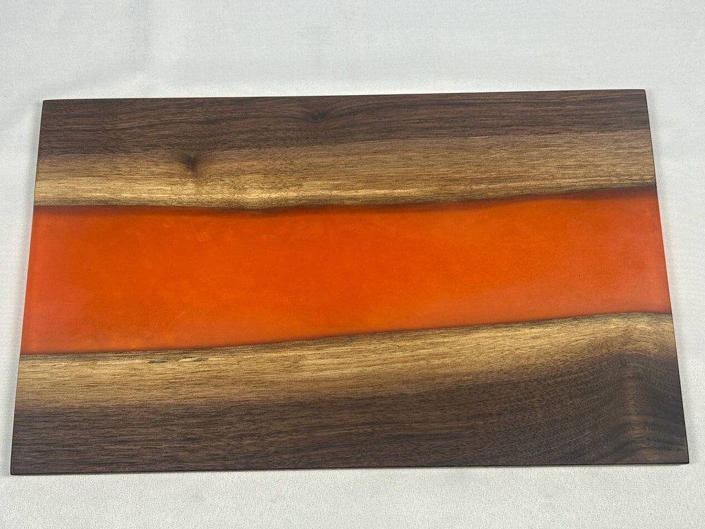 Charcuterie Board, Medium, Walnut, Epoxy Live Edge River, Pearl Orange