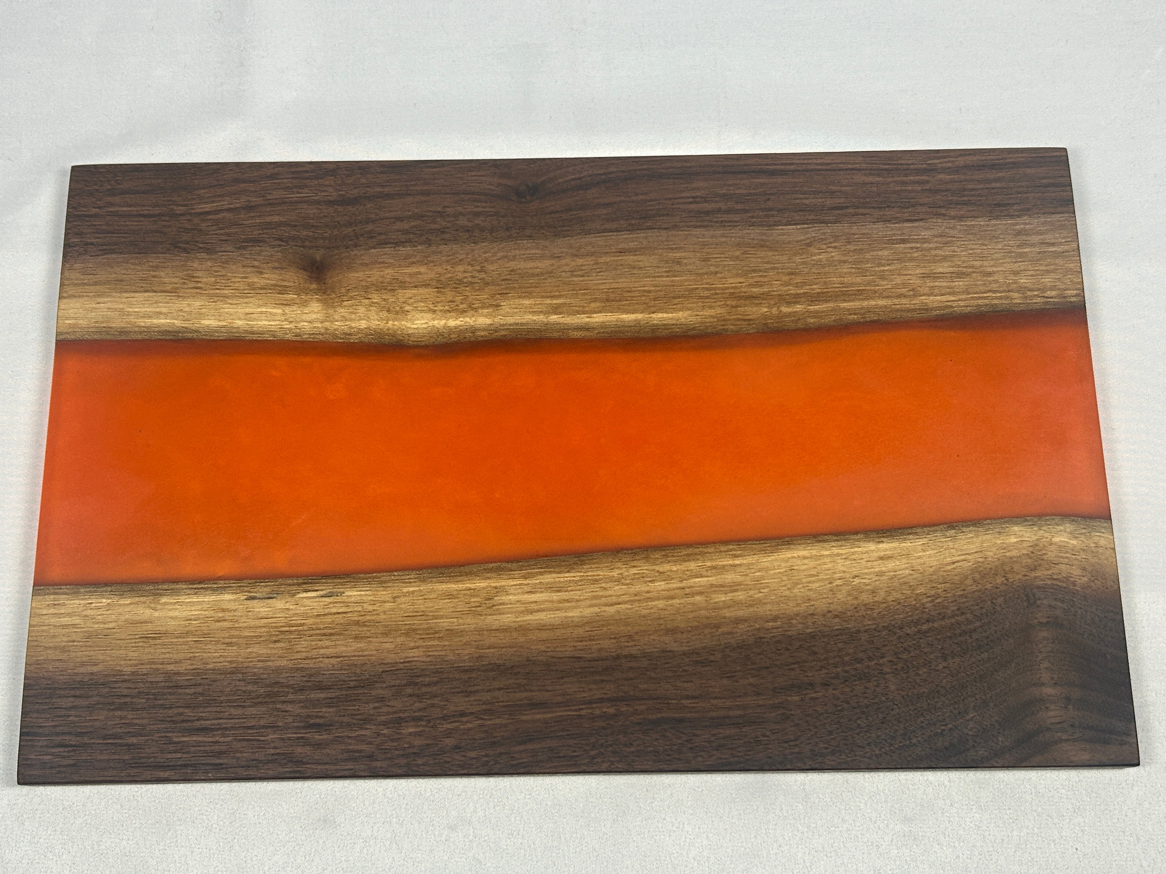 Charcuterie Board, Medium, Walnut, Epoxy Live Edge River, Pearl Orange