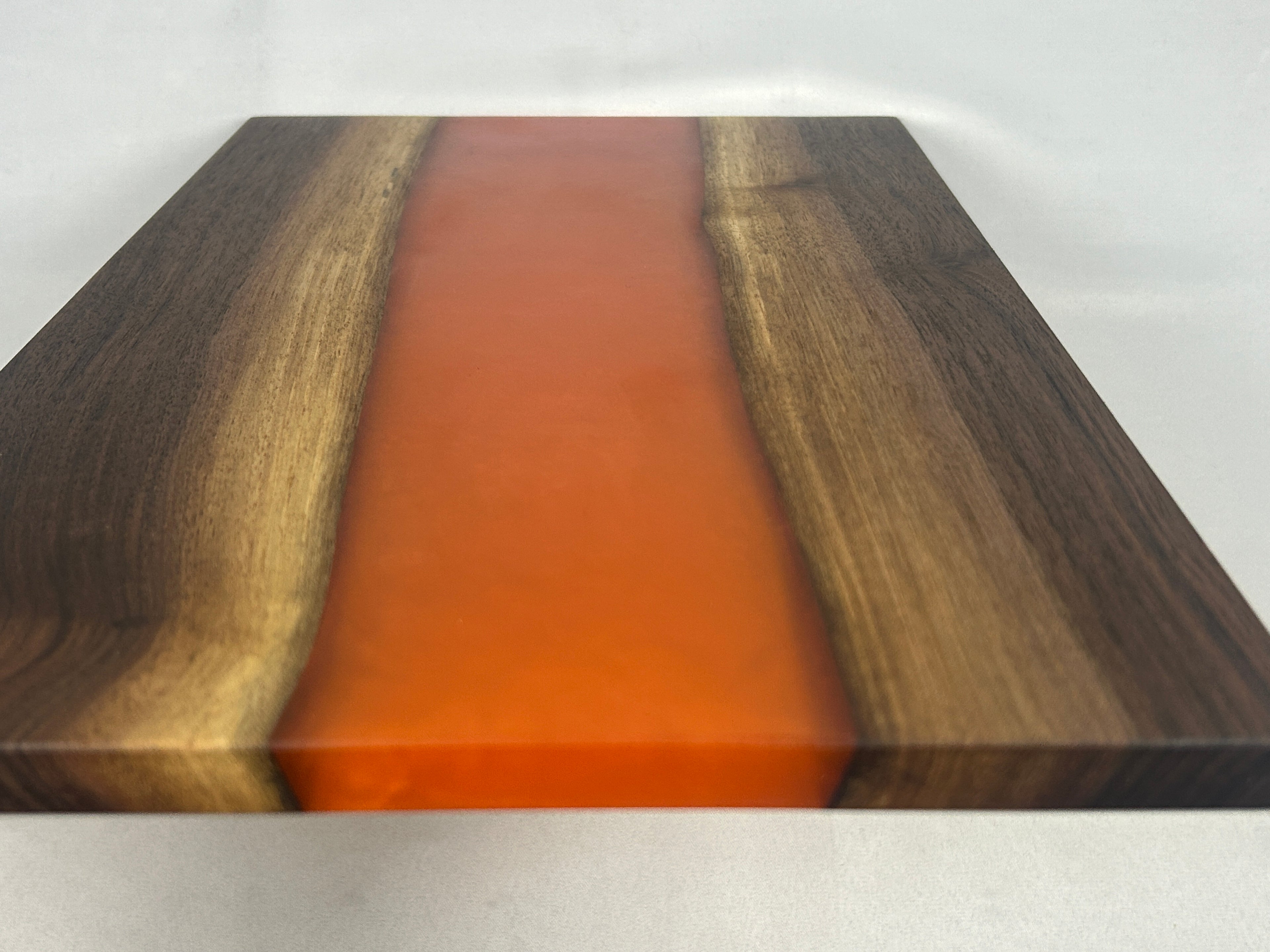 Charcuterie Board, Medium, Walnut, Epoxy Live Edge River, Pearl Orange