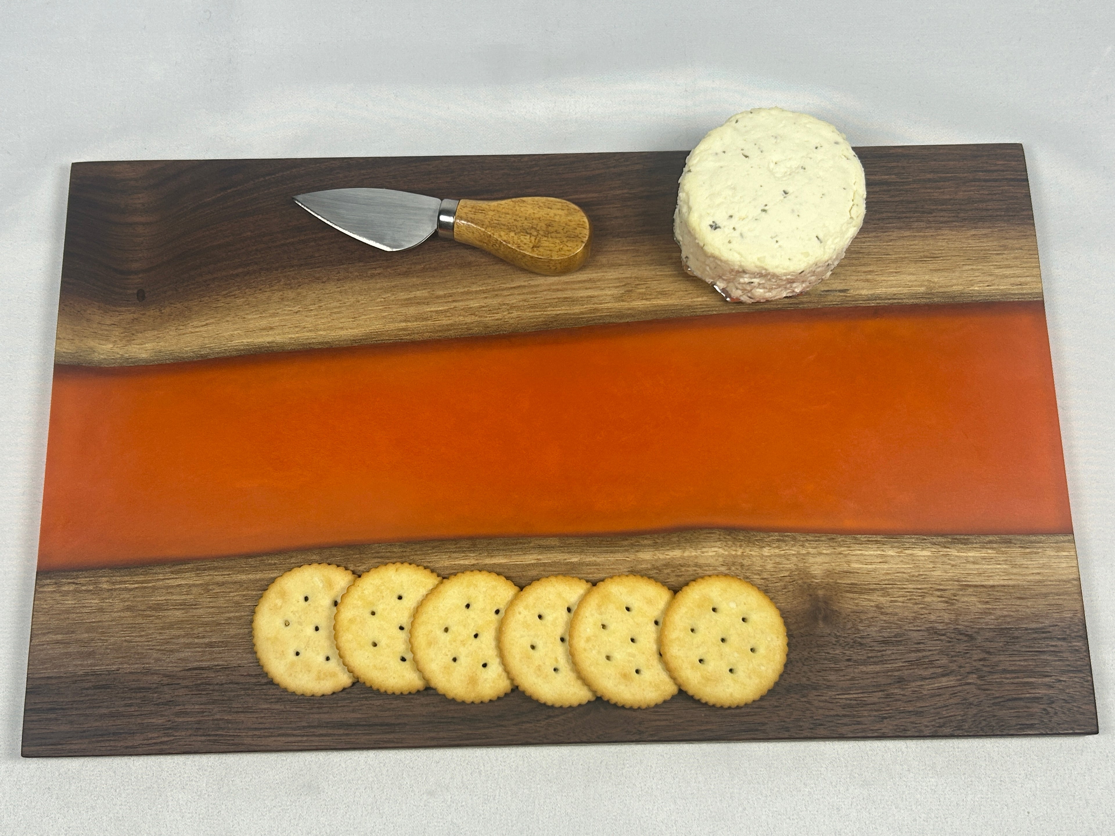 Charcuterie Board, Medium, Walnut, Epoxy Live Edge River, Pearl Orange