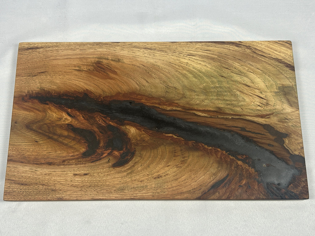 Charcuterie Board, Medium, Hickory, Epoxy Live Edge River, Black Pearl