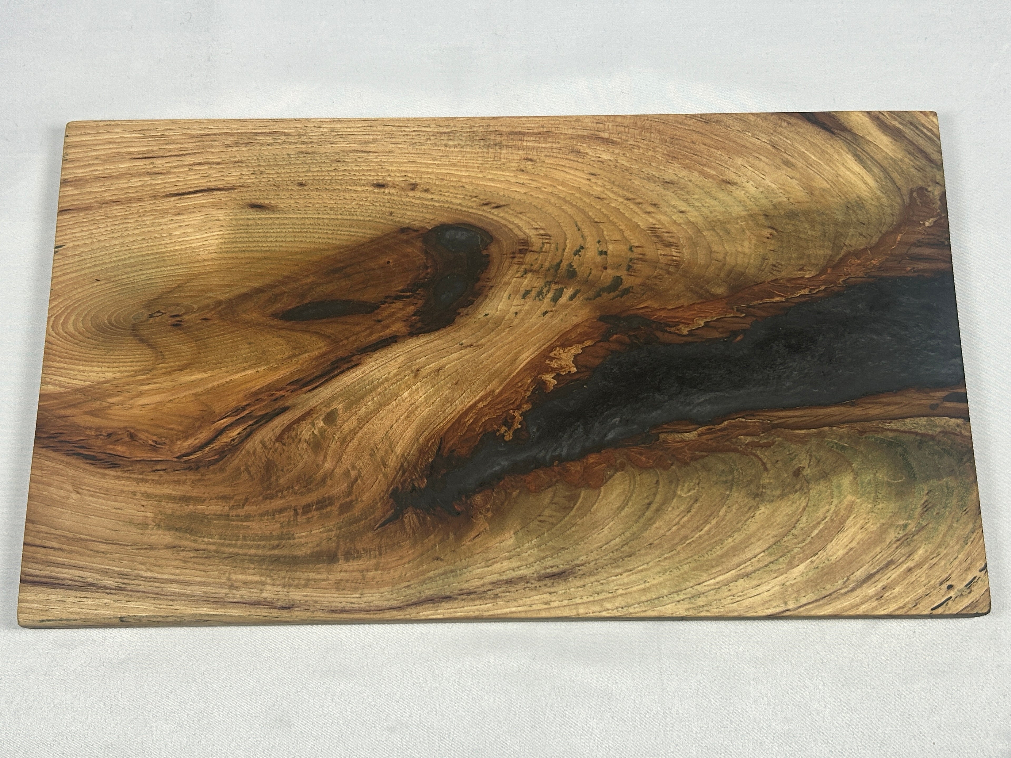 Charcuterie Board, Medium, Hickory, Epoxy Live Edge River, Black Pearl