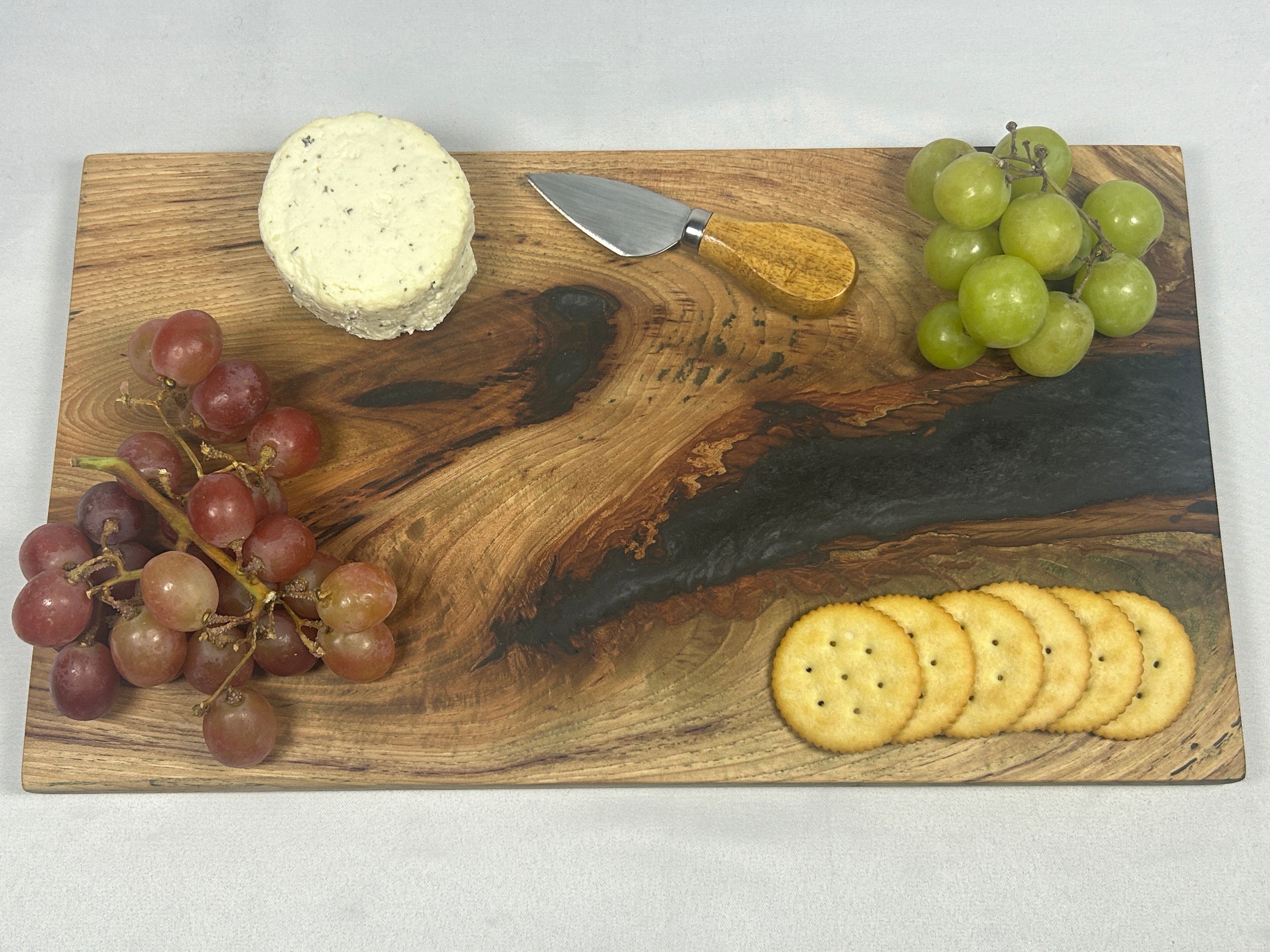 Charcuterie Board, Medium, Hickory, Epoxy Live Edge River, Black Pearl