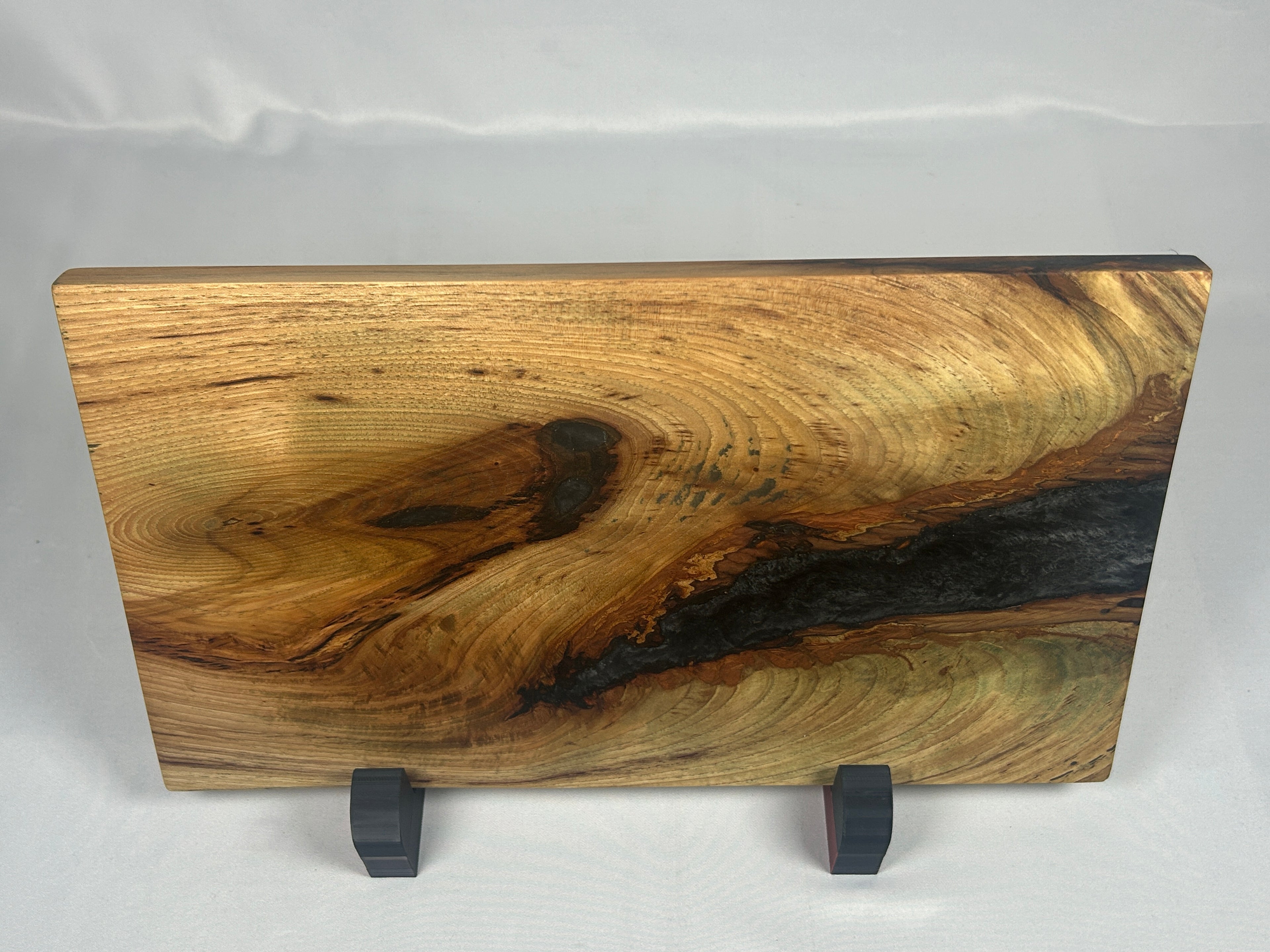 Charcuterie Board, Medium, Hickory, Epoxy Live Edge River, Black Pearl