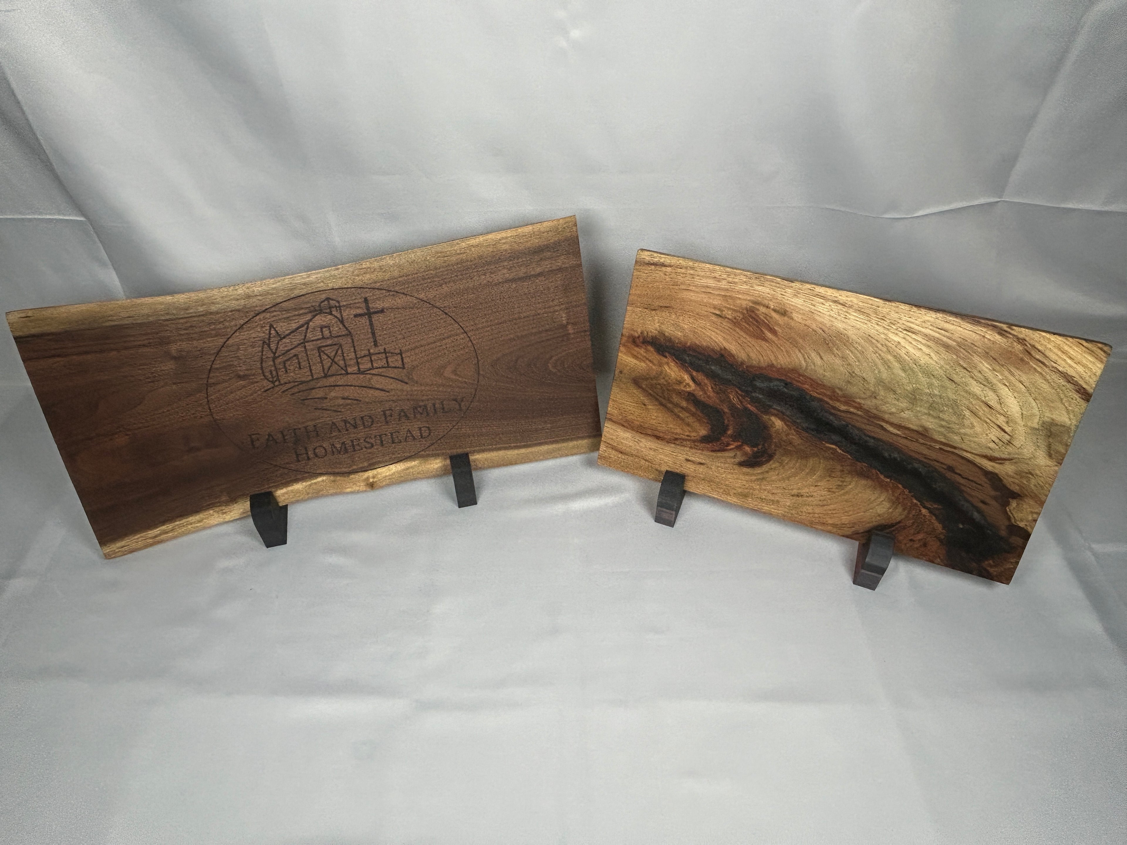 Charcuterie Board, Medium, Hickory, Epoxy Live Edge River, Black Pearl