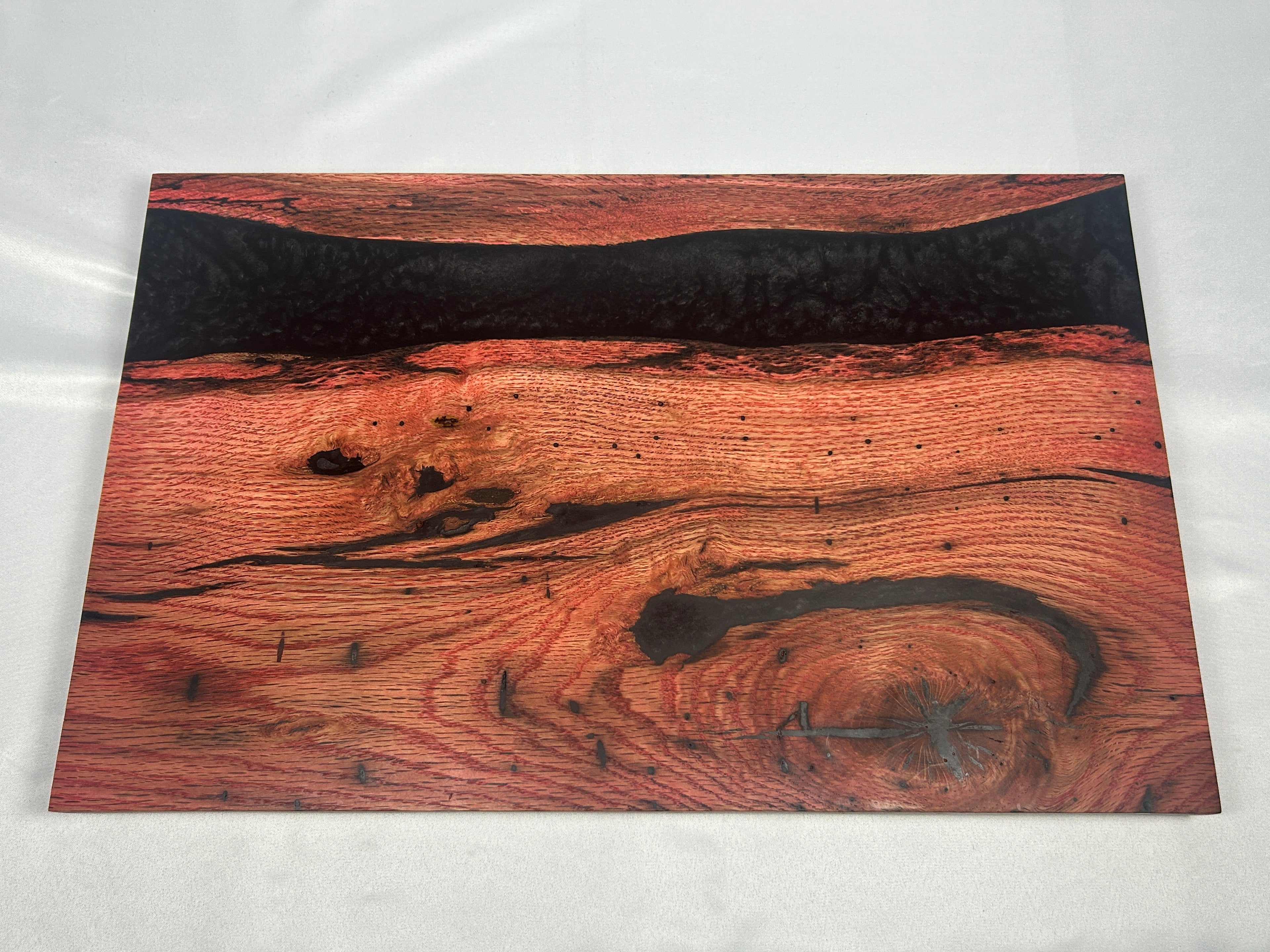 Charcuterie Board, Extra Large, Red Oak, Epoxy Live Edge River, Black Pearl, Died Red Wood Accents
