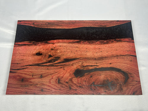 Charcuterie Board, Extra Large, Red Oak, Epoxy Live Edge River, Black Pearl, Died Red Wood Accents