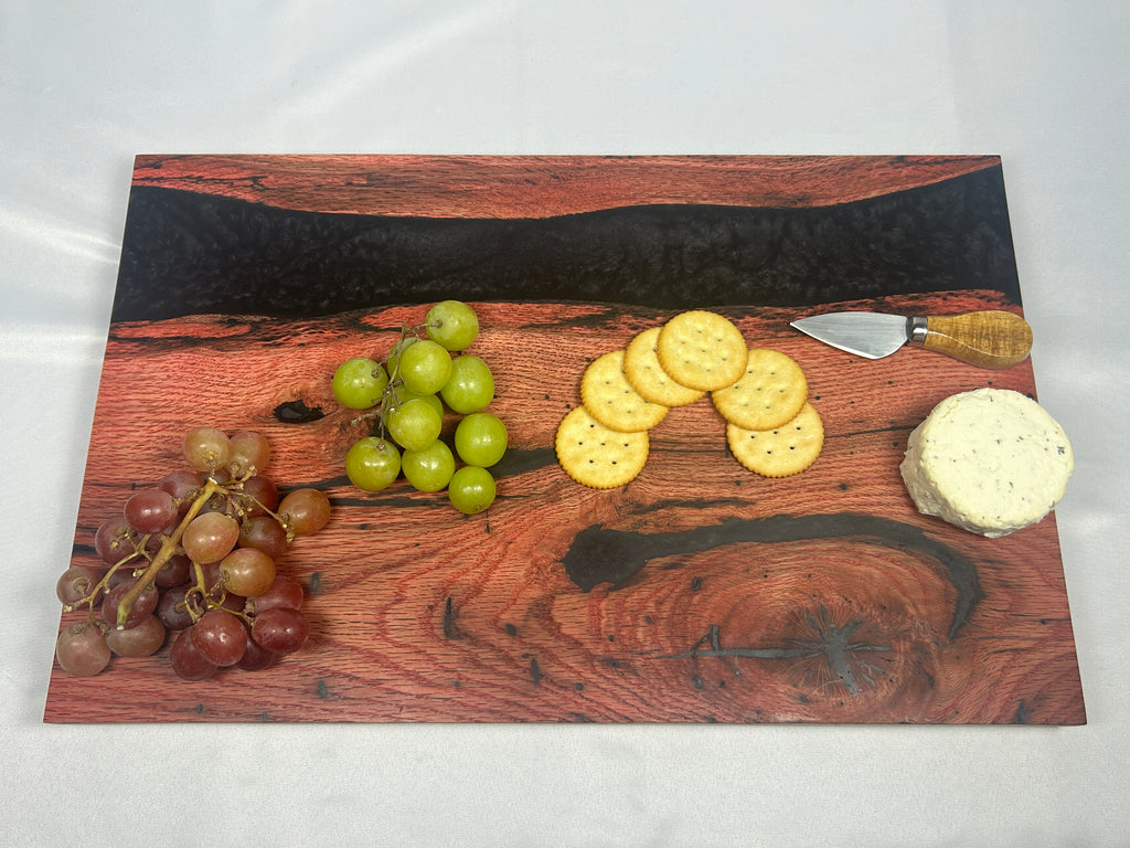 Charcuterie Board, Extra Large, Red Oak, Epoxy Live Edge River, Black Pearl, Died Red Wood Accents
