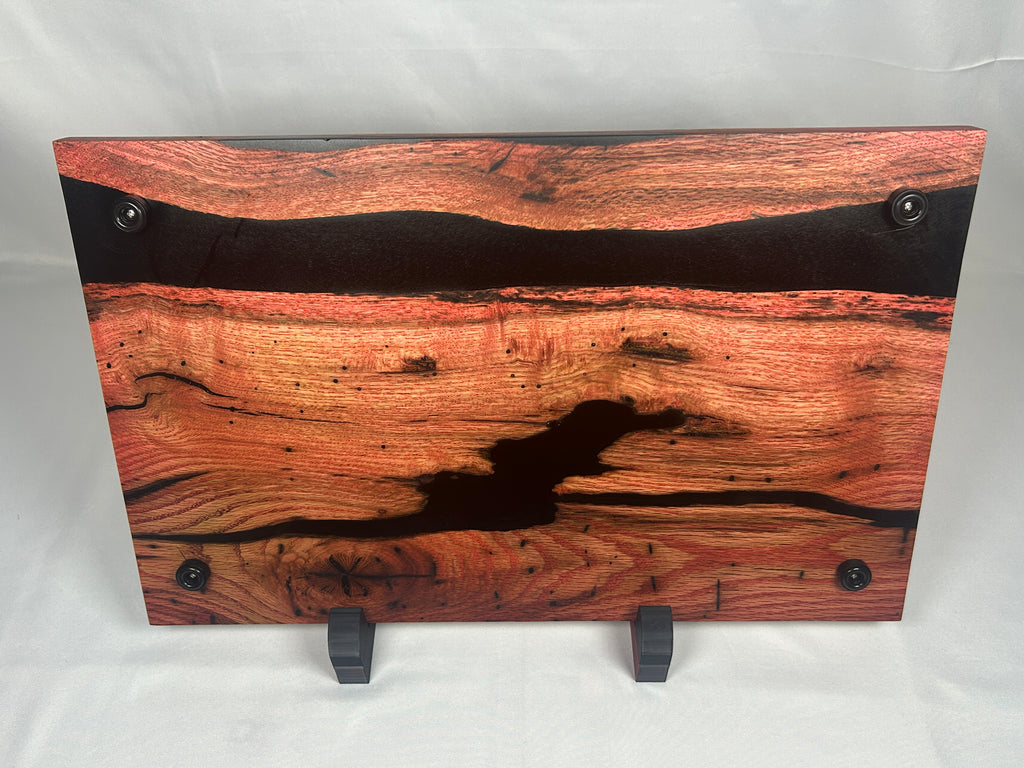 Charcuterie Board, Extra Large, Red Oak, Epoxy Live Edge River, Black Pearl, Died Red Wood Accents