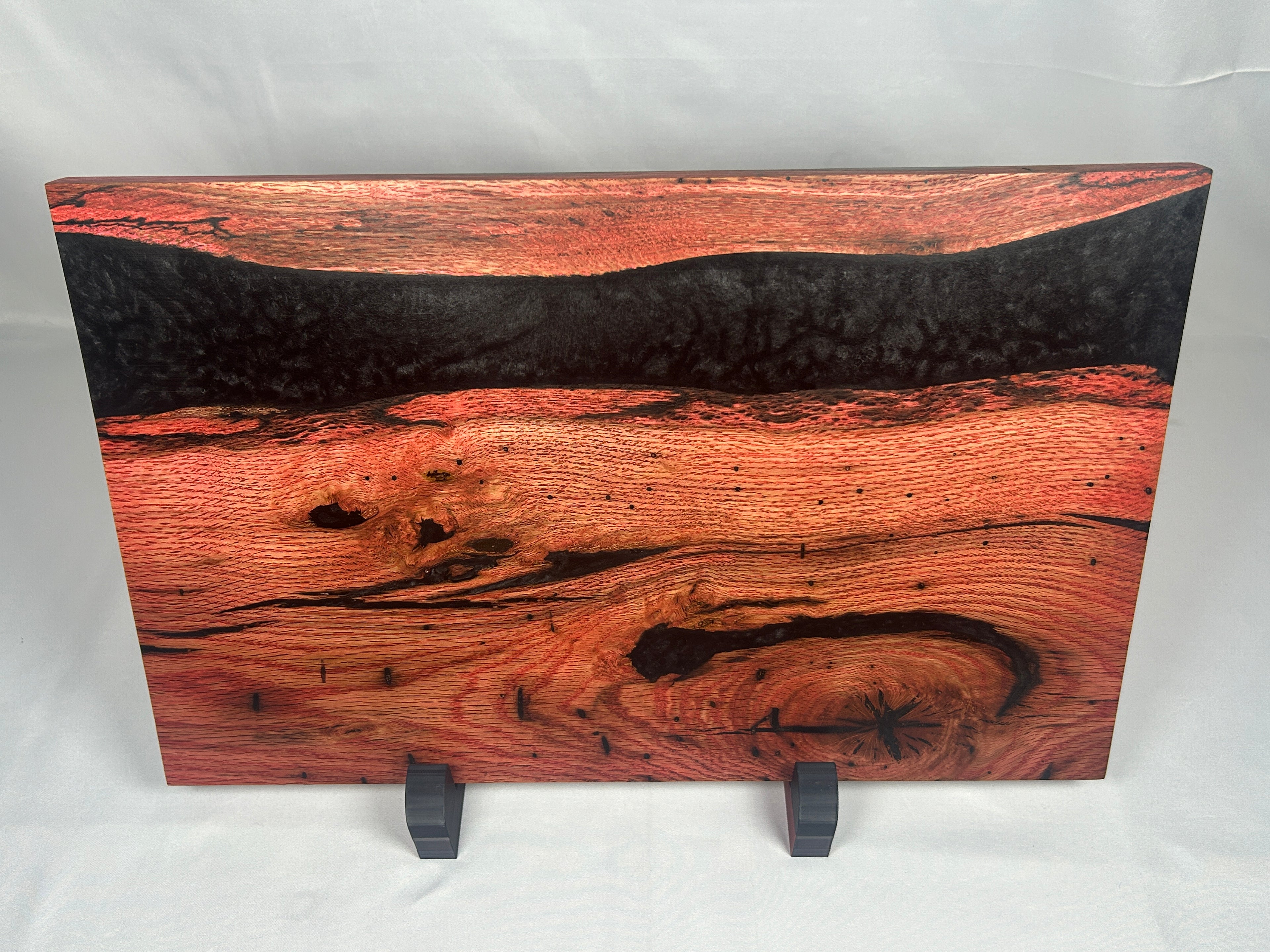 Charcuterie Board, Extra Large, Red Oak, Epoxy Live Edge River, Black Pearl, Died Red Wood Accents