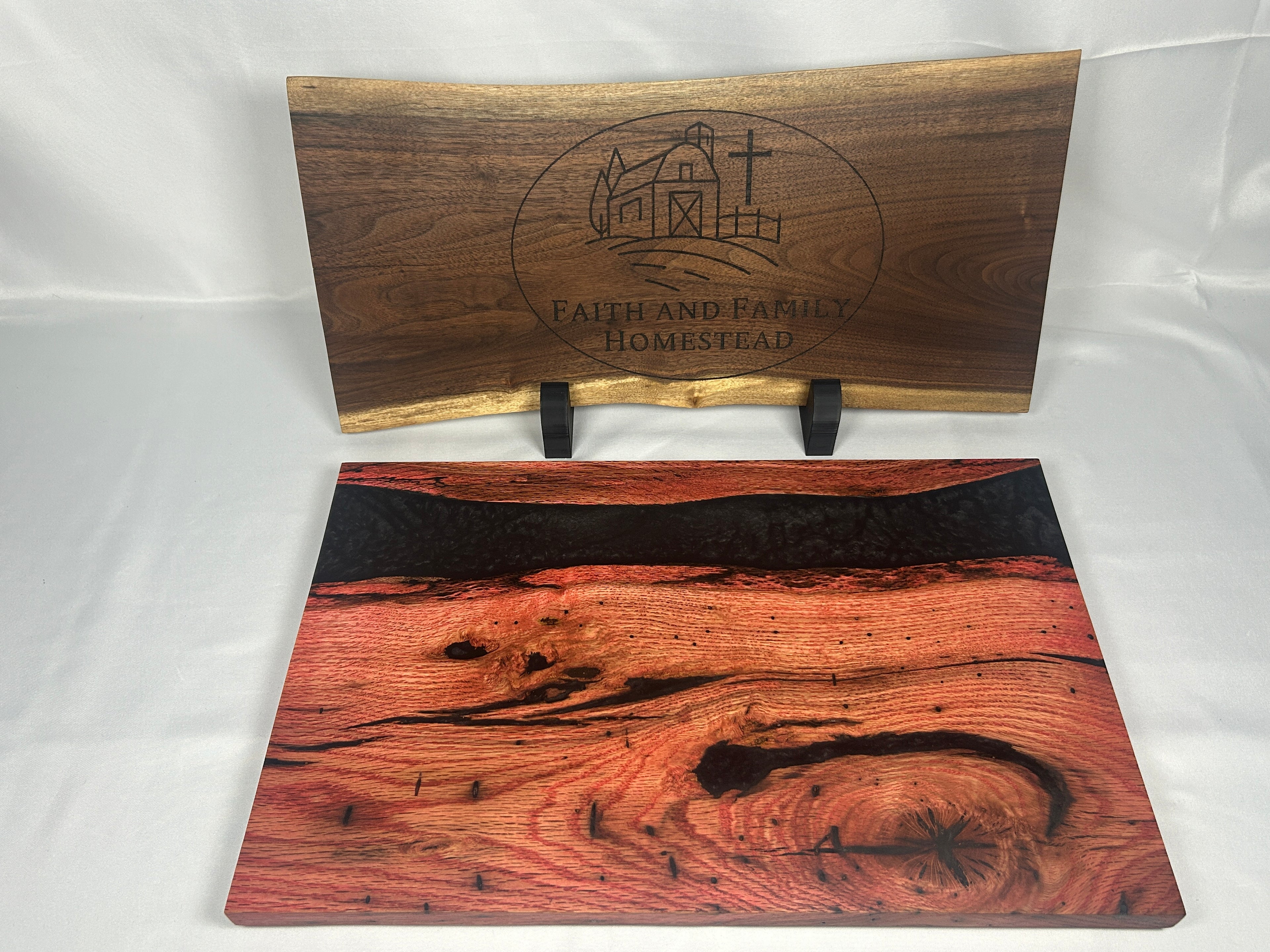 Charcuterie Board, Extra Large, Red Oak, Epoxy Live Edge River, Black Pearl, Died Red Wood Accents