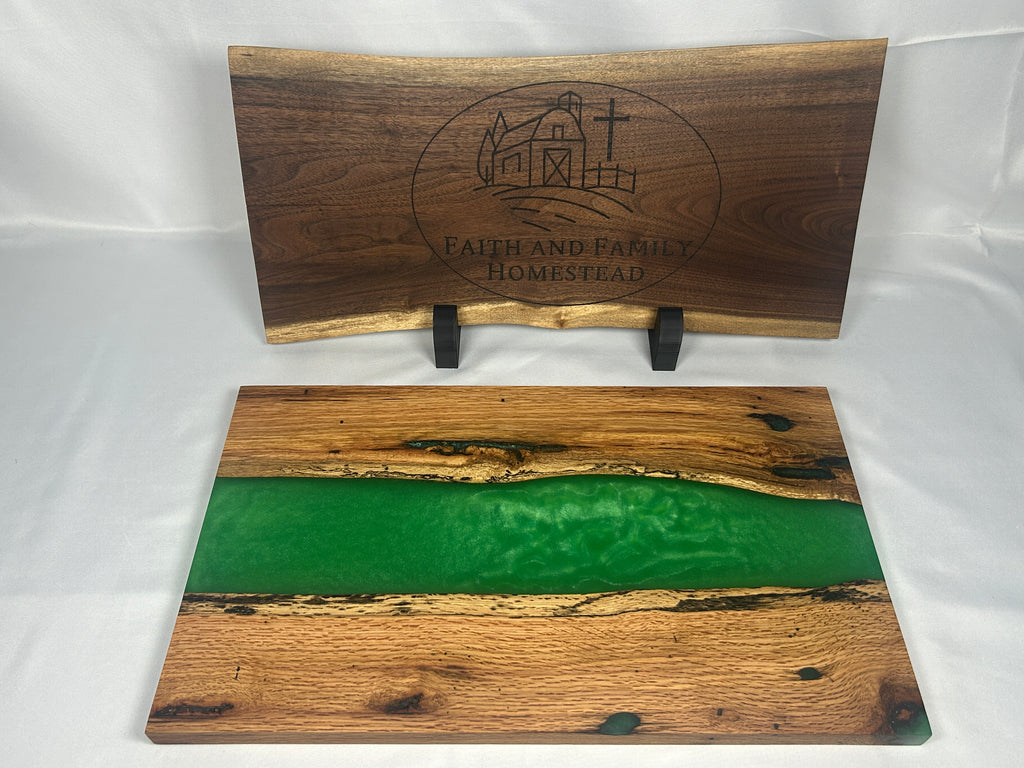 Charcuterie Board, Large, Red Oak, Epoxy Live Edge River, Green Pearl