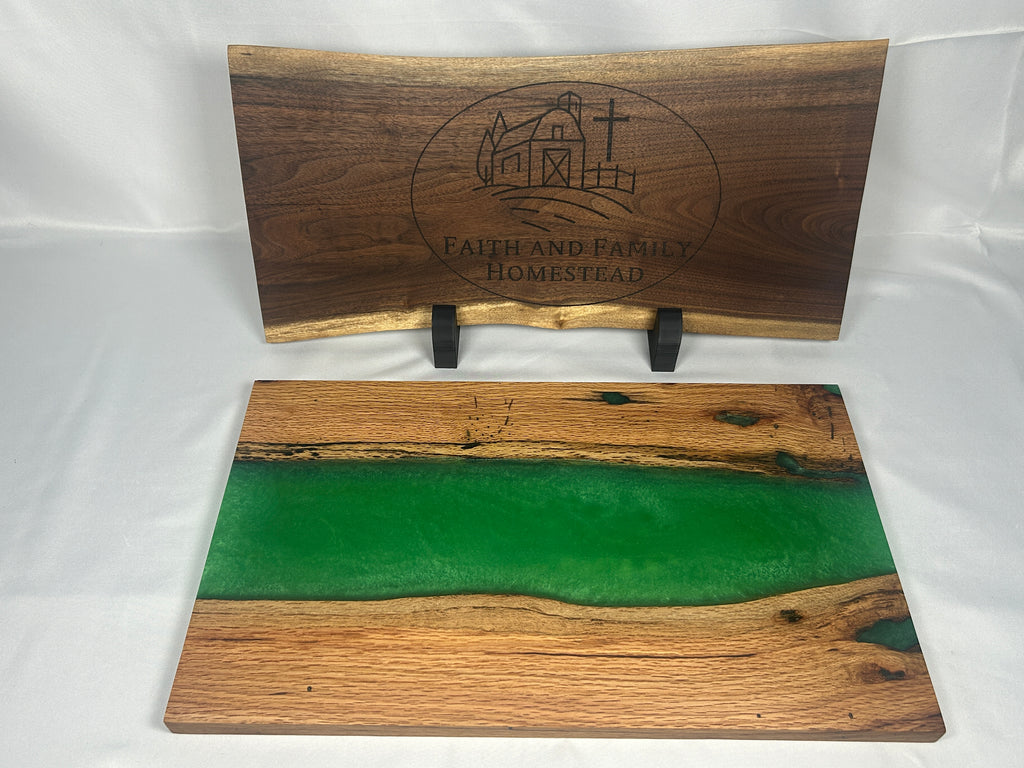 Charcuterie Board, Large, Red Oak, Epoxy Live Edge River, Green Pearl