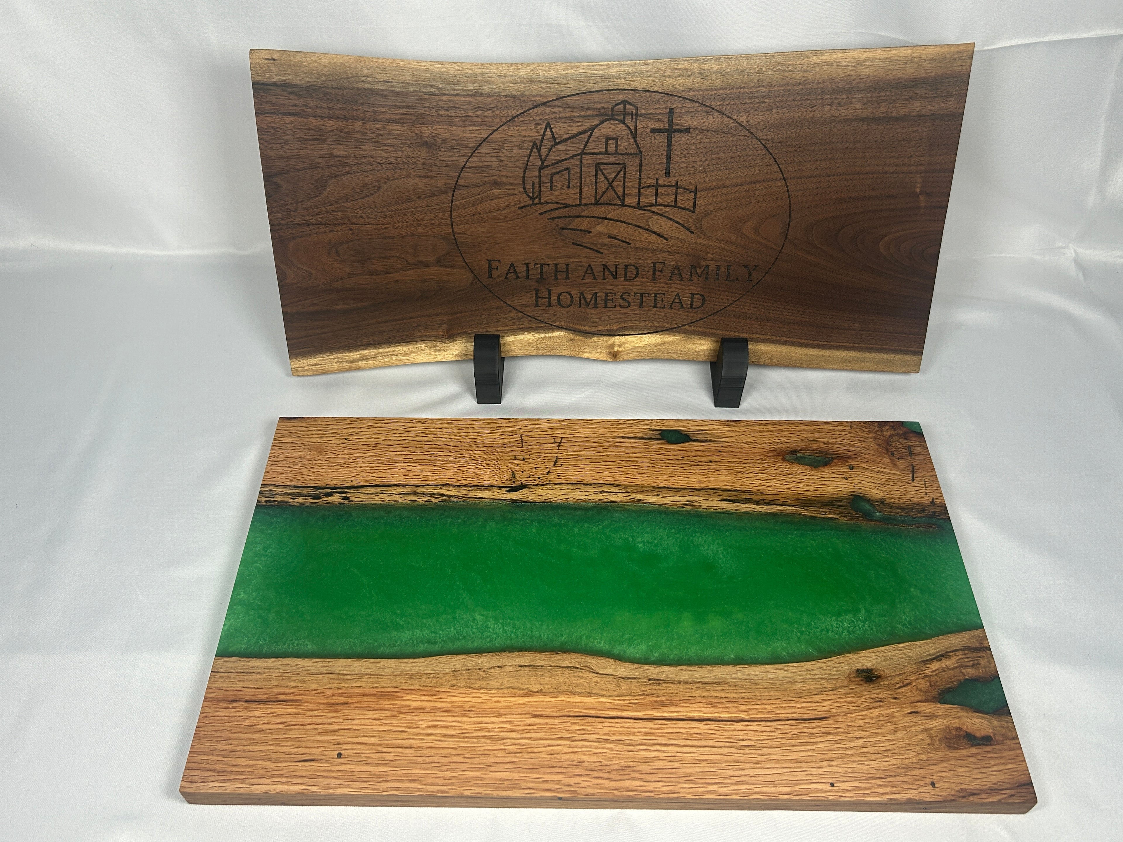 Charcuterie Board, Large, Red Oak, Epoxy Live Edge River, Green Pearl