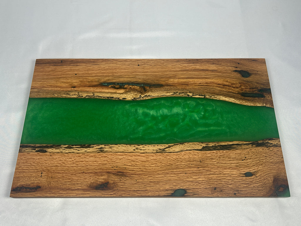 Charcuterie Board, Large, Red Oak, Epoxy Live Edge River, Green Pearl