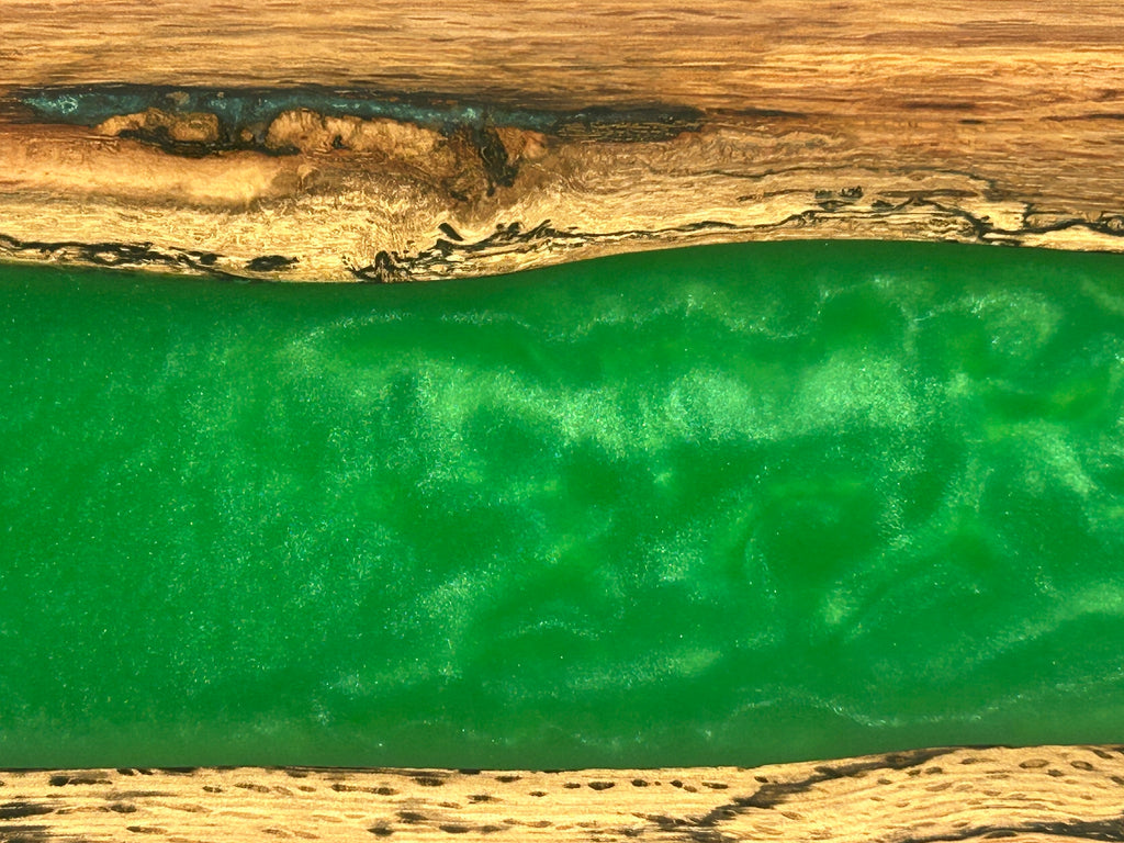 Charcuterie Board, Large, Red Oak, Epoxy Live Edge River, Green Pearl