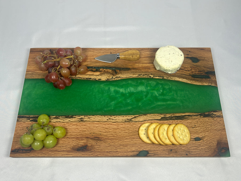 Charcuterie Board, Large, Red Oak, Epoxy Live Edge River, Green Pearl