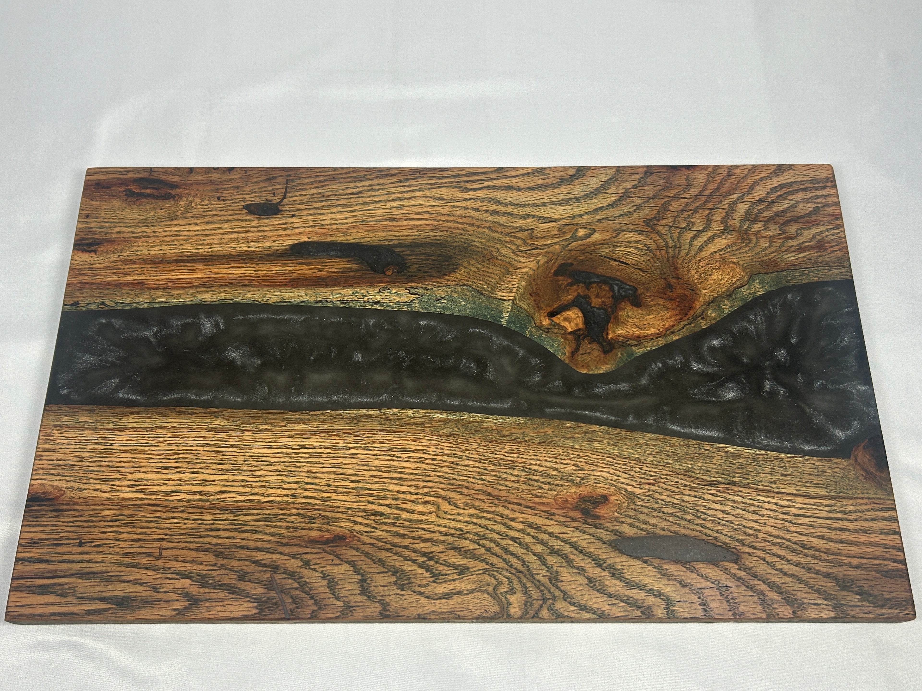 Charcuterie Board, Large, Red Oak, Epoxy Live Edge River, Black Pearl, Green Died Wood Accents