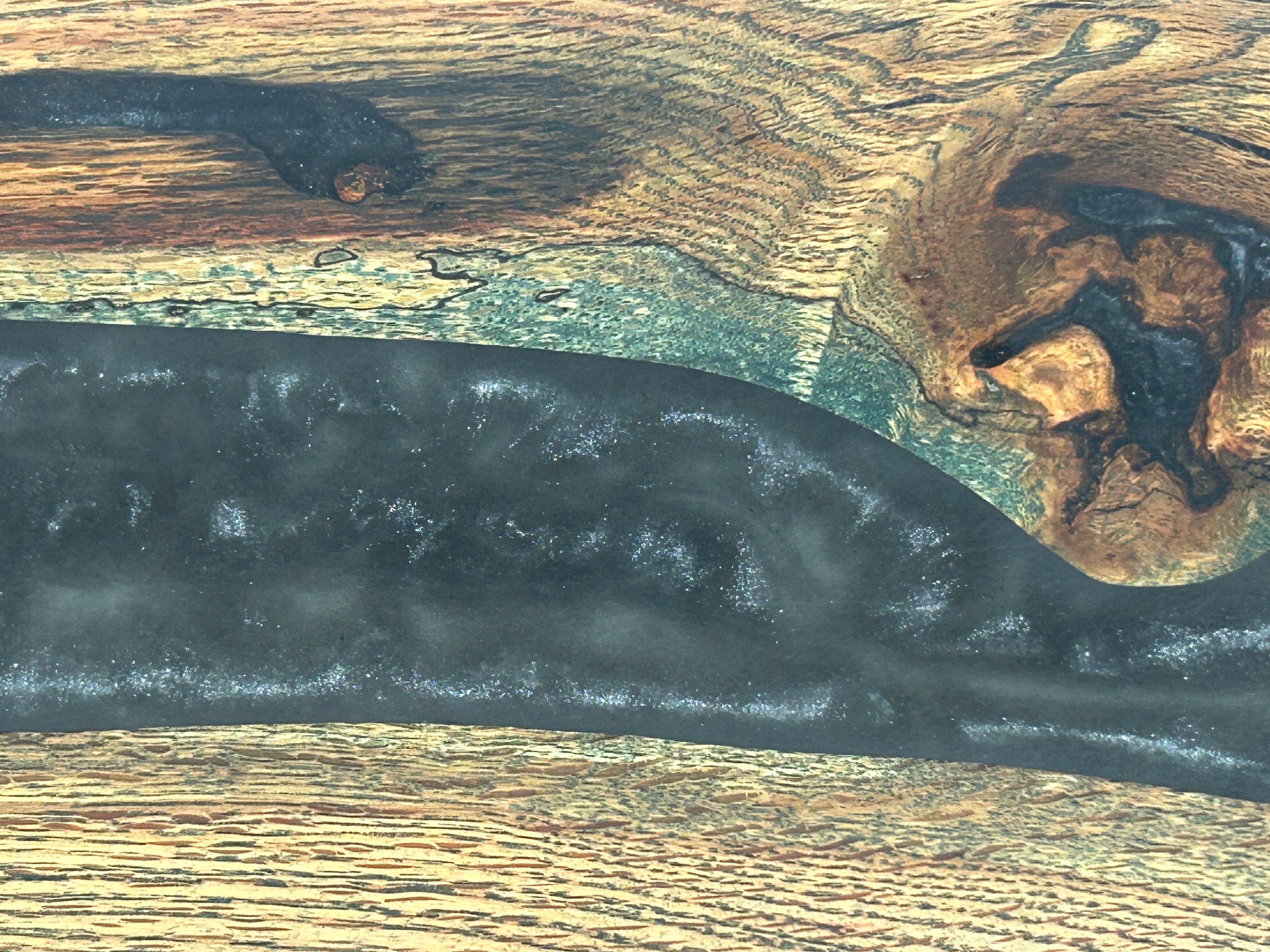 Charcuterie Board, Large, Red Oak, Epoxy Live Edge River, Black Pearl, Green Died Wood Accents