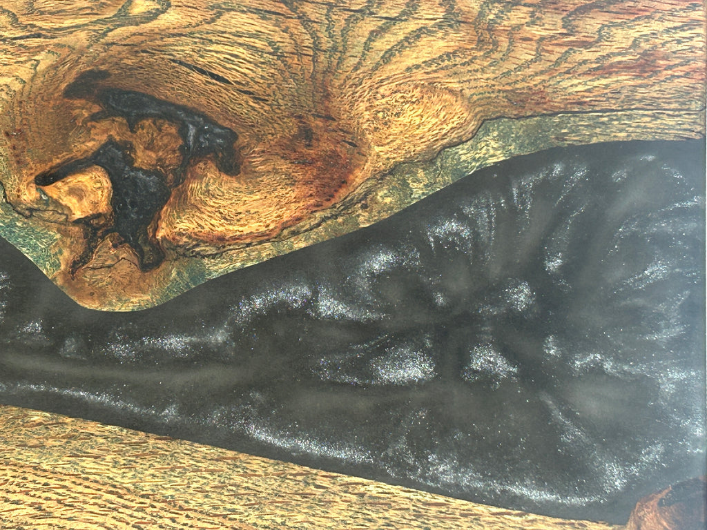 Charcuterie Board, Large, Red Oak, Epoxy Live Edge River, Black Pearl, Green Died Wood Accents