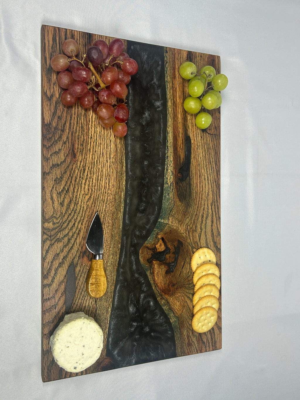 Charcuterie Board, Large, Red Oak, Epoxy Live Edge River, Black Pearl, Green Died Wood Accents