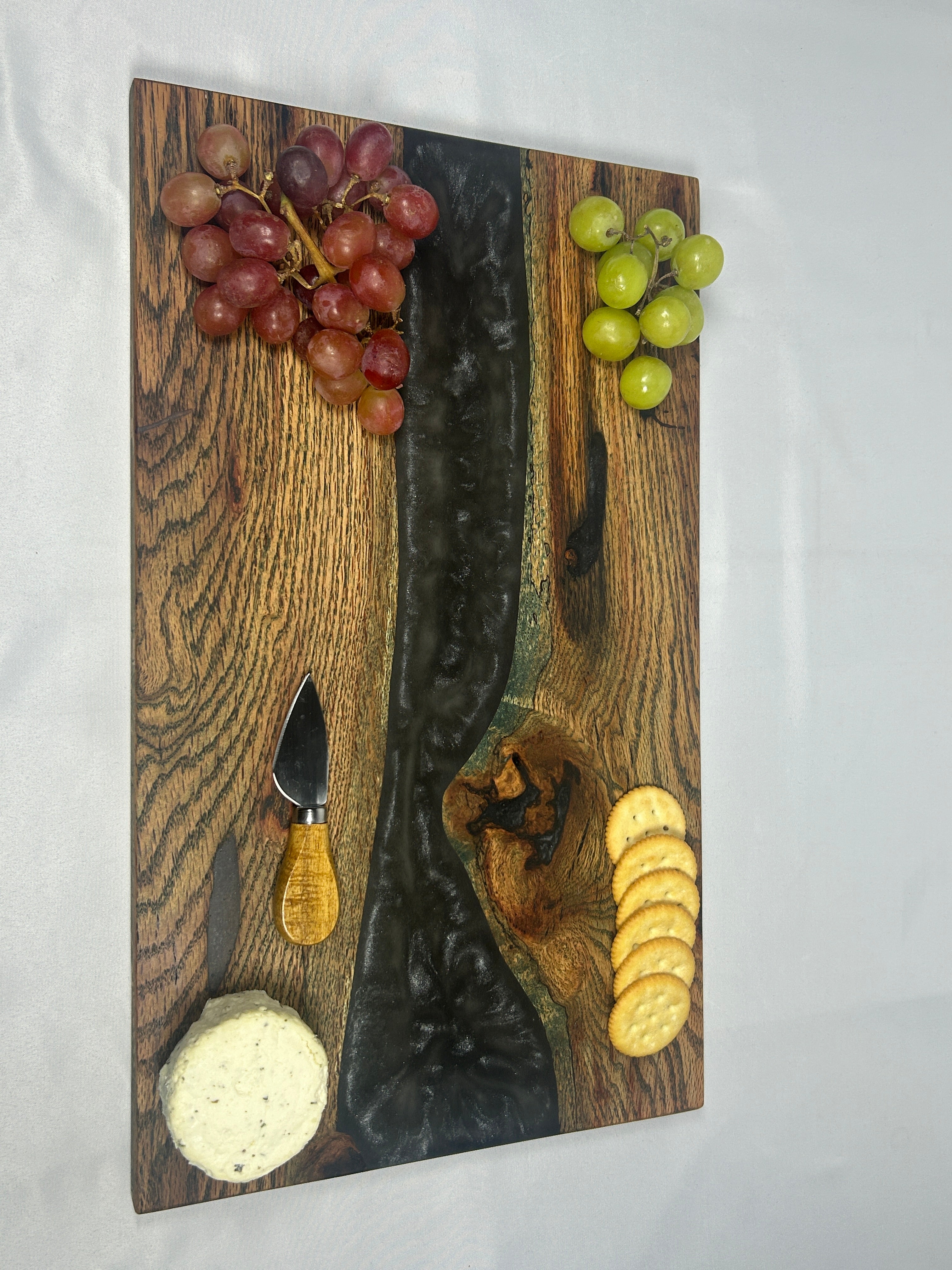 Charcuterie Board, Large, Red Oak, Epoxy Live Edge River, Black Pearl, Green Died Wood Accents