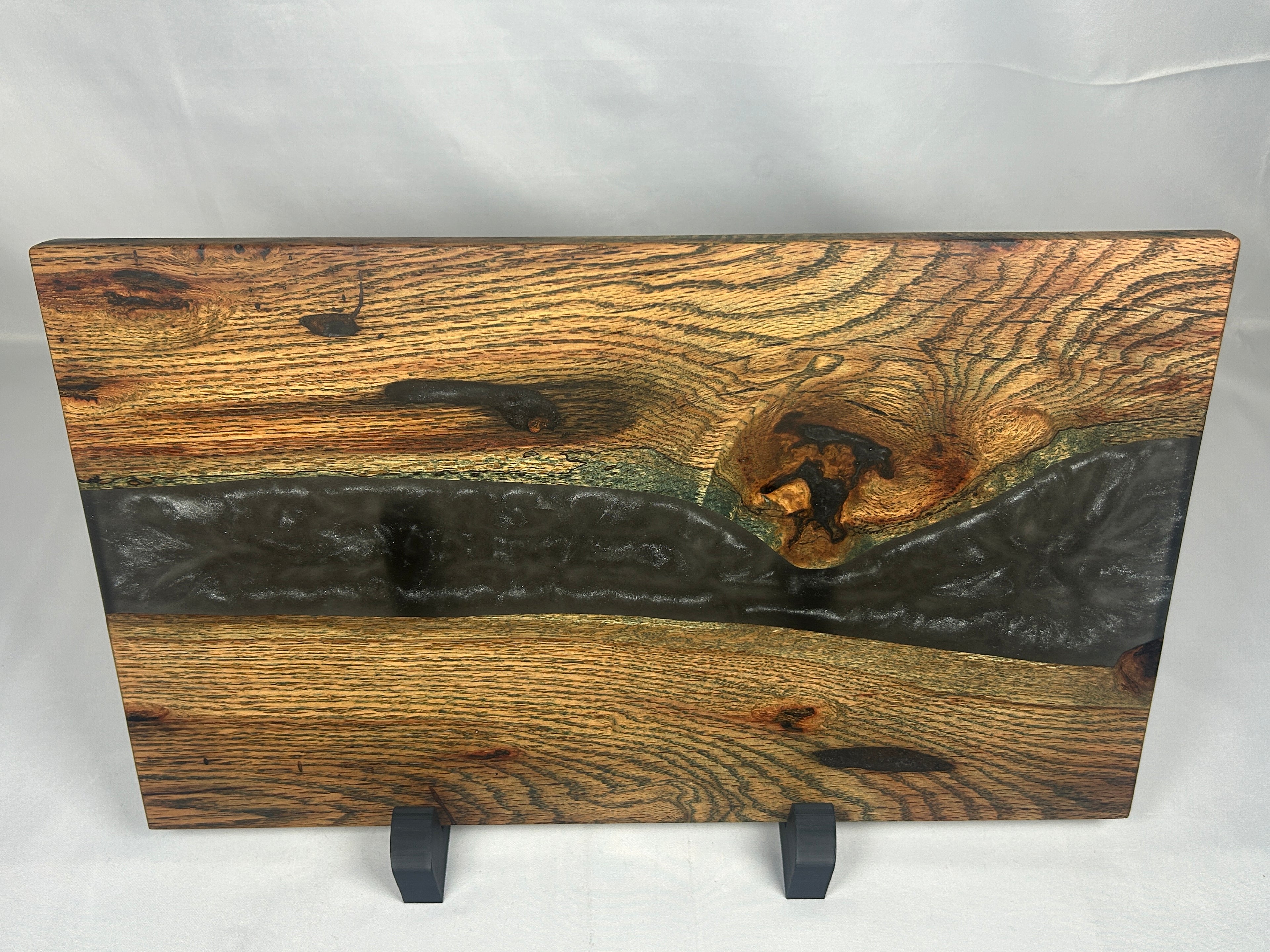 Charcuterie Board, Large, Red Oak, Epoxy Live Edge River, Black Pearl, Green Died Wood Accents