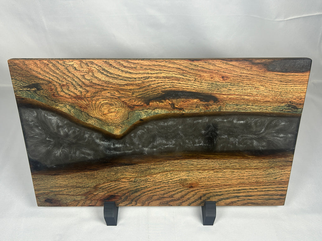 Charcuterie Board, Large, Red Oak, Epoxy Live Edge River, Black Pearl, Green Died Wood Accents