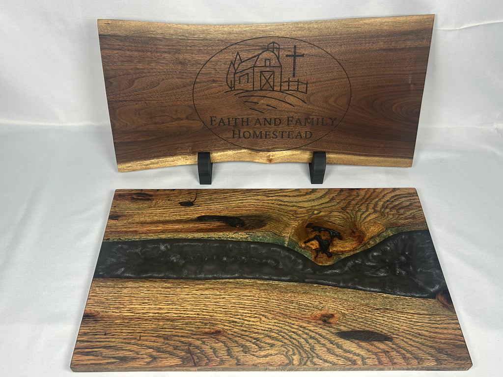 Charcuterie Board, Large, Red Oak, Epoxy Live Edge River, Black Pearl, Green Died Wood Accents