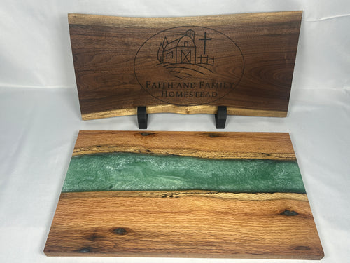 Charcuterie Board, Extra Large, Red Oak, Epoxy Live Edge River, Robins Egg Green Pearl
