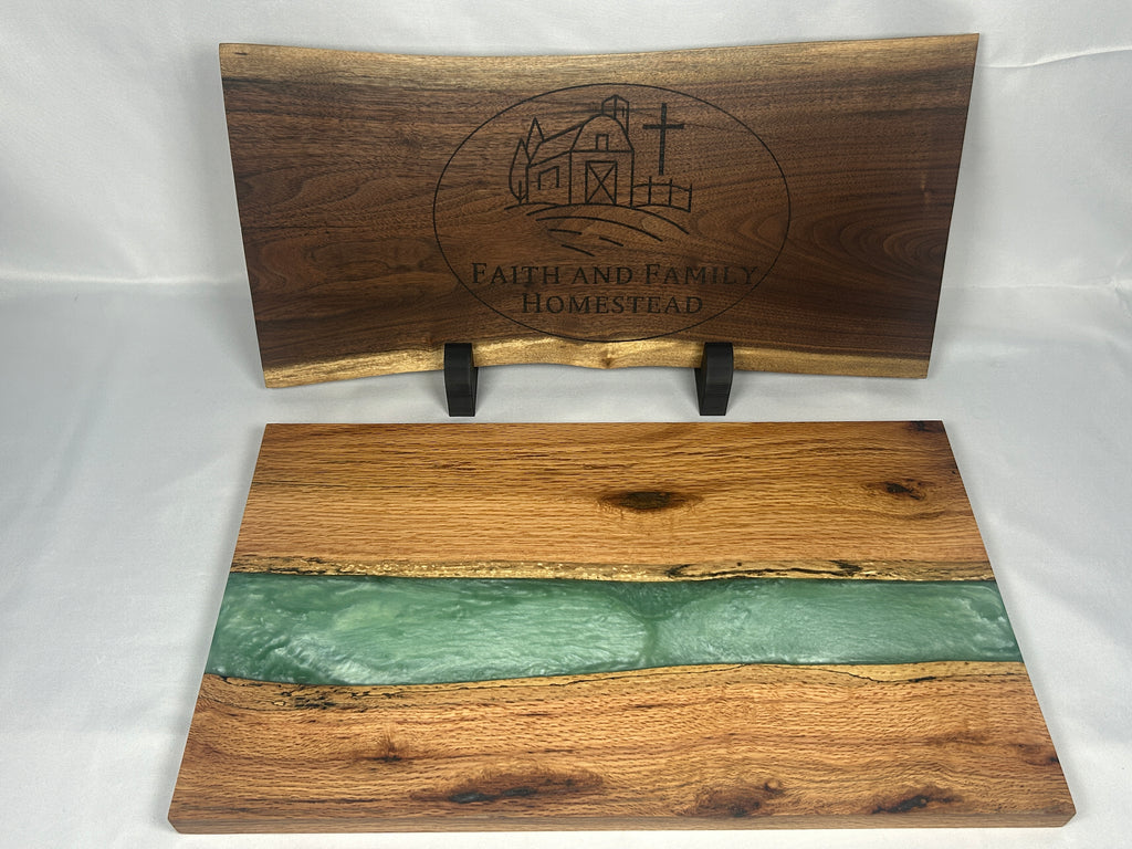 Charcuterie Board, Extra Large, Red Oak, Epoxy Live Edge River, Robins Egg Green Pearl