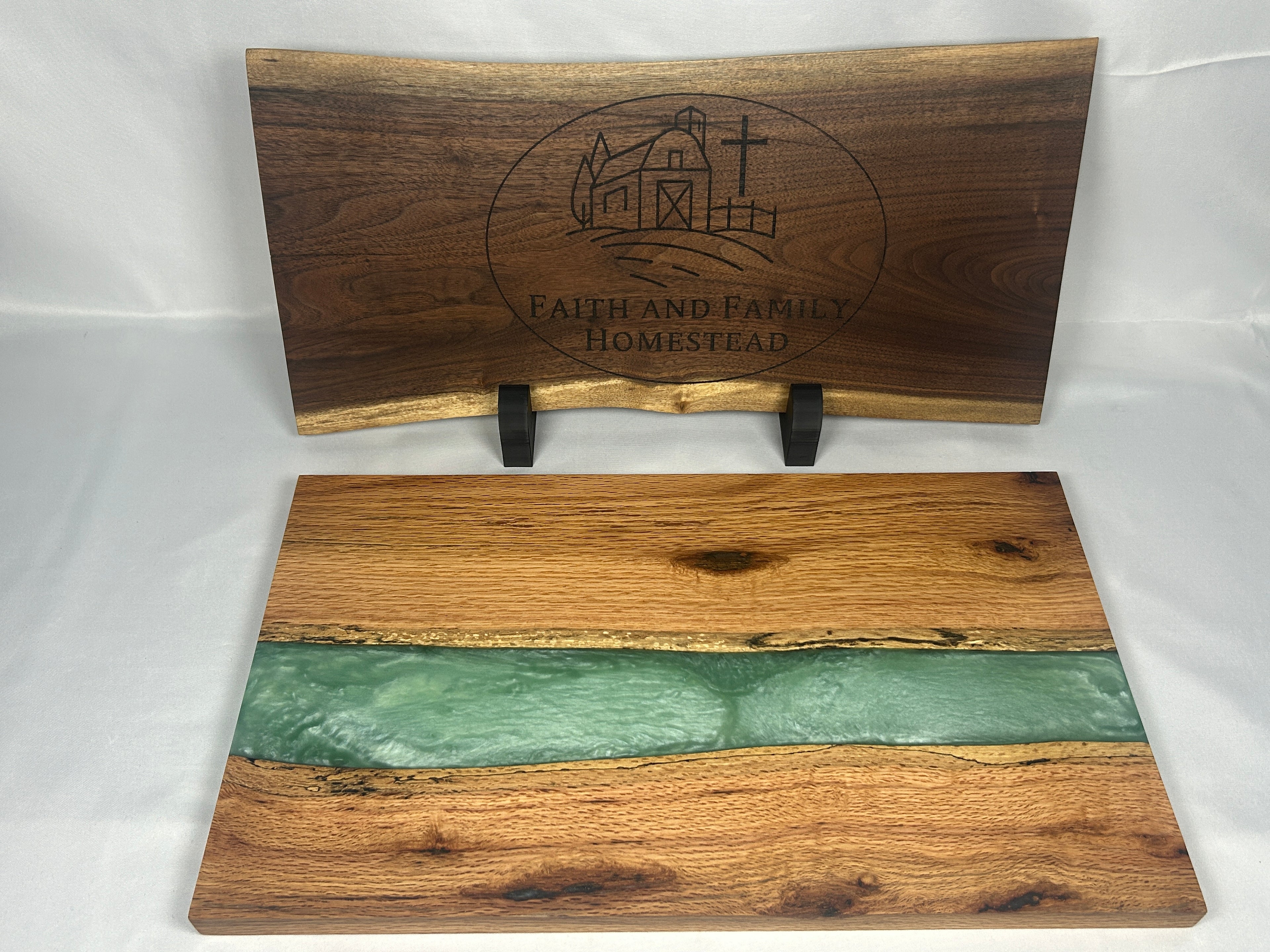 Charcuterie Board, Extra Large, Red Oak, Epoxy Live Edge River, Robins Egg Green Pearl