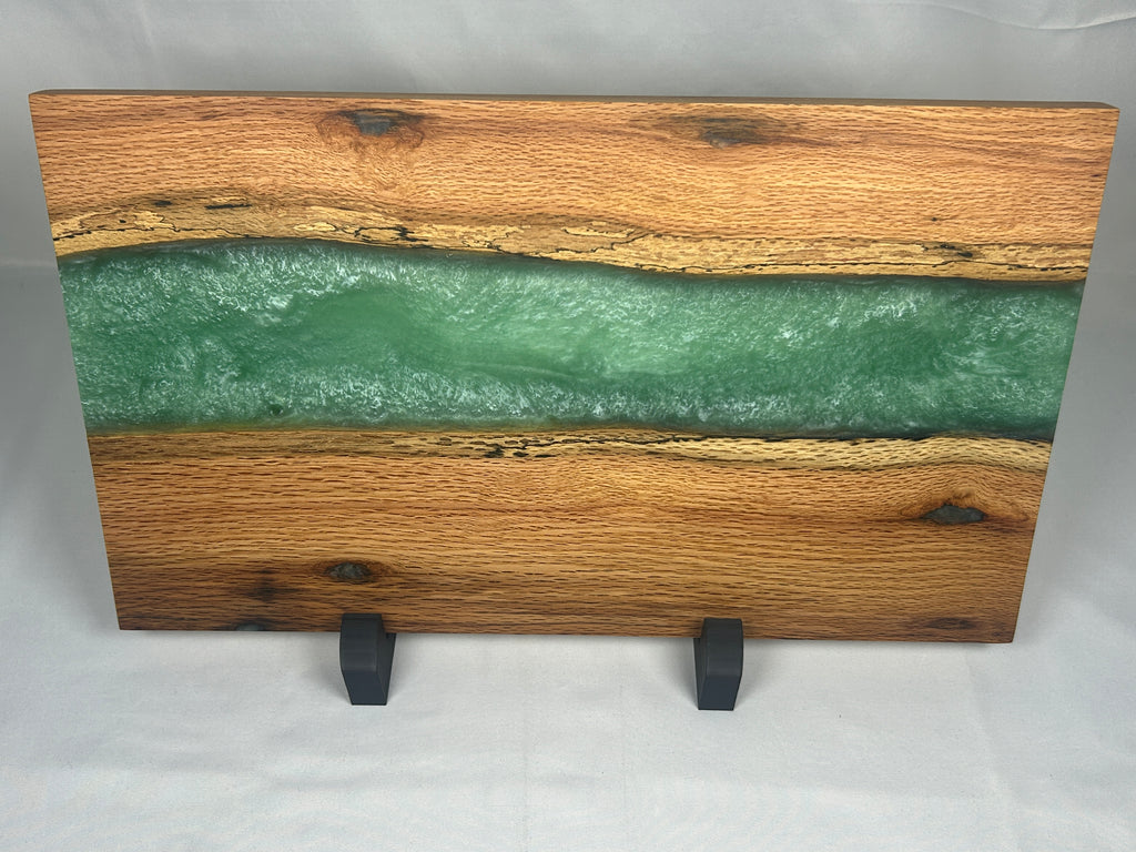 Charcuterie Board, Extra Large, Red Oak, Epoxy Live Edge River, Robins Egg Green Pearl