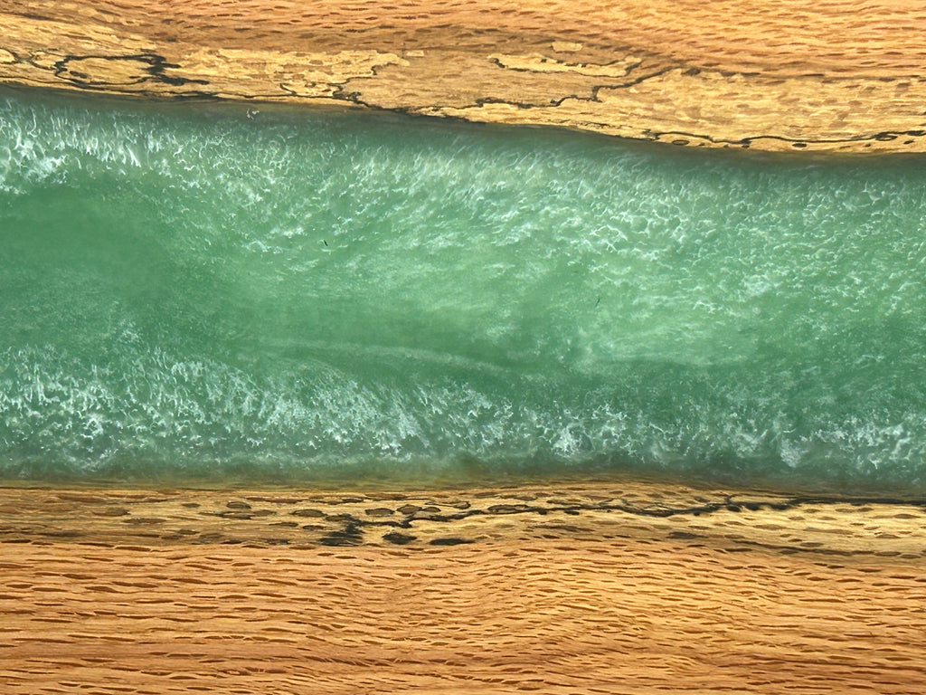 Charcuterie Board, Extra Large, Red Oak, Epoxy Live Edge River, Robins Egg Green Pearl