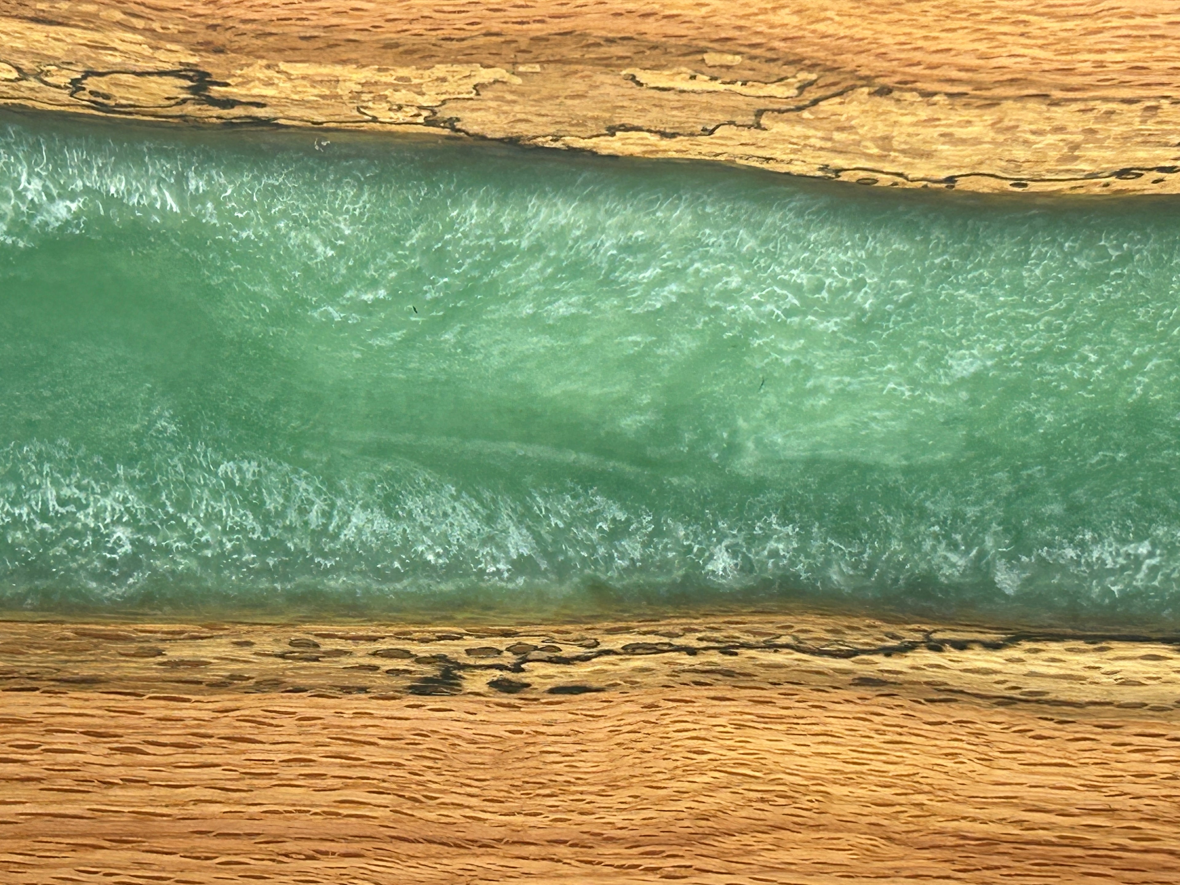 Charcuterie Board, Extra Large, Red Oak, Epoxy Live Edge River, Robins Egg Green Pearl