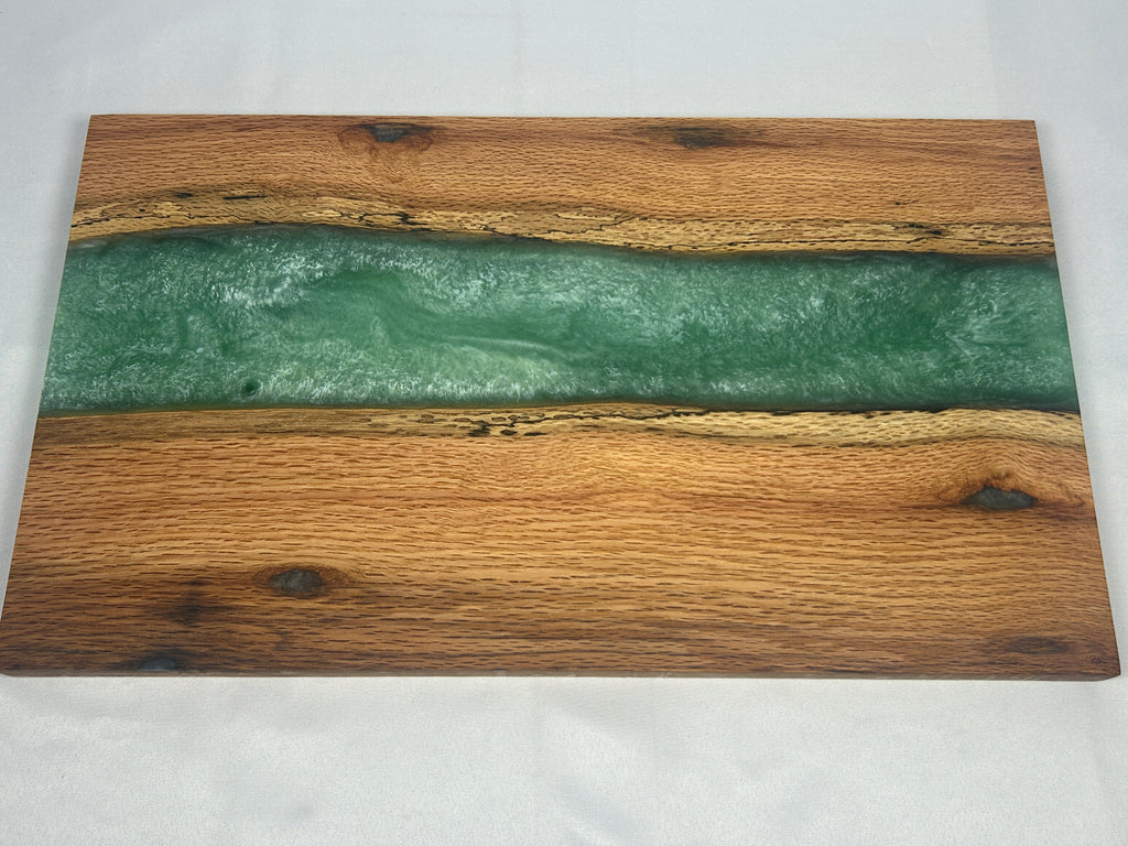 Charcuterie Board, Extra Large, Red Oak, Epoxy Live Edge River, Robins Egg Green Pearl