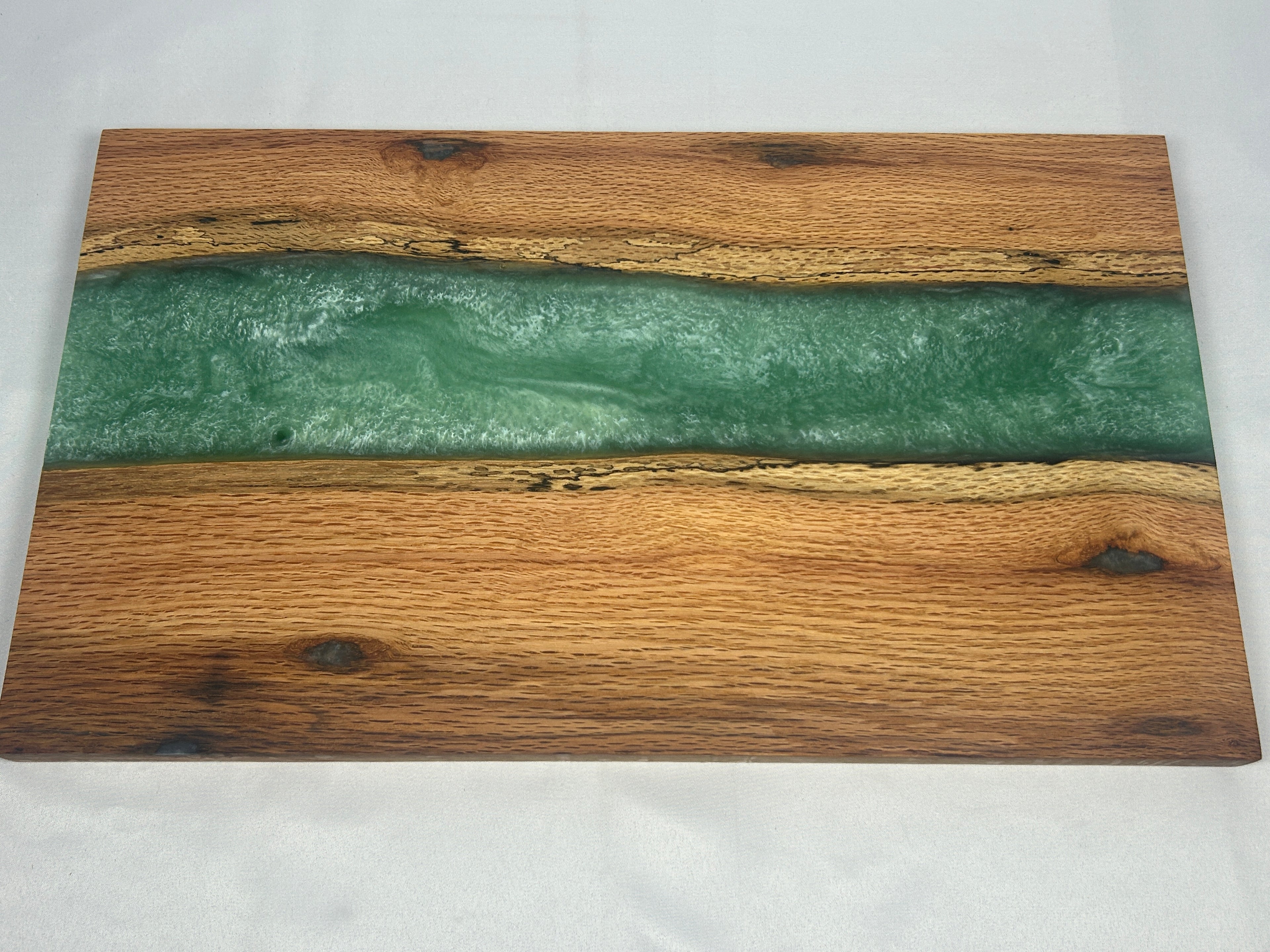 Charcuterie Board, Extra Large, Red Oak, Epoxy Live Edge River, Robins Egg Green Pearl