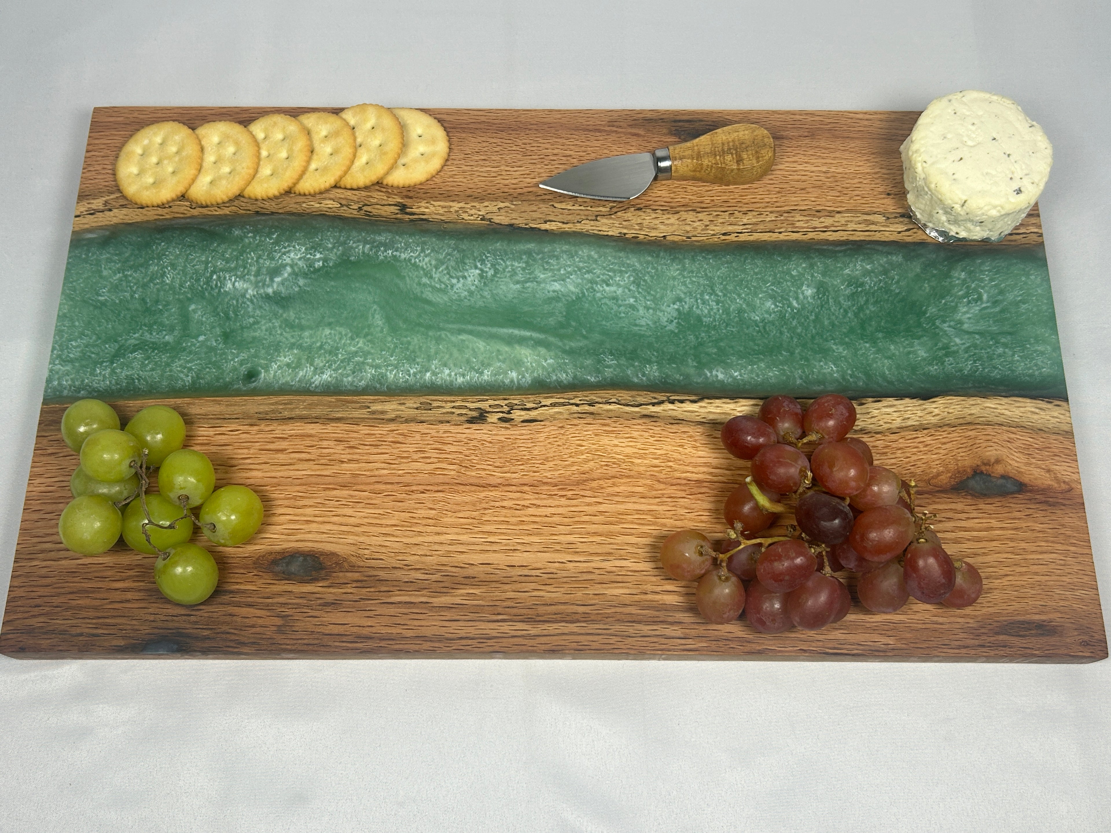 Charcuterie Board, Extra Large, Red Oak, Epoxy Live Edge River, Robins Egg Green Pearl
